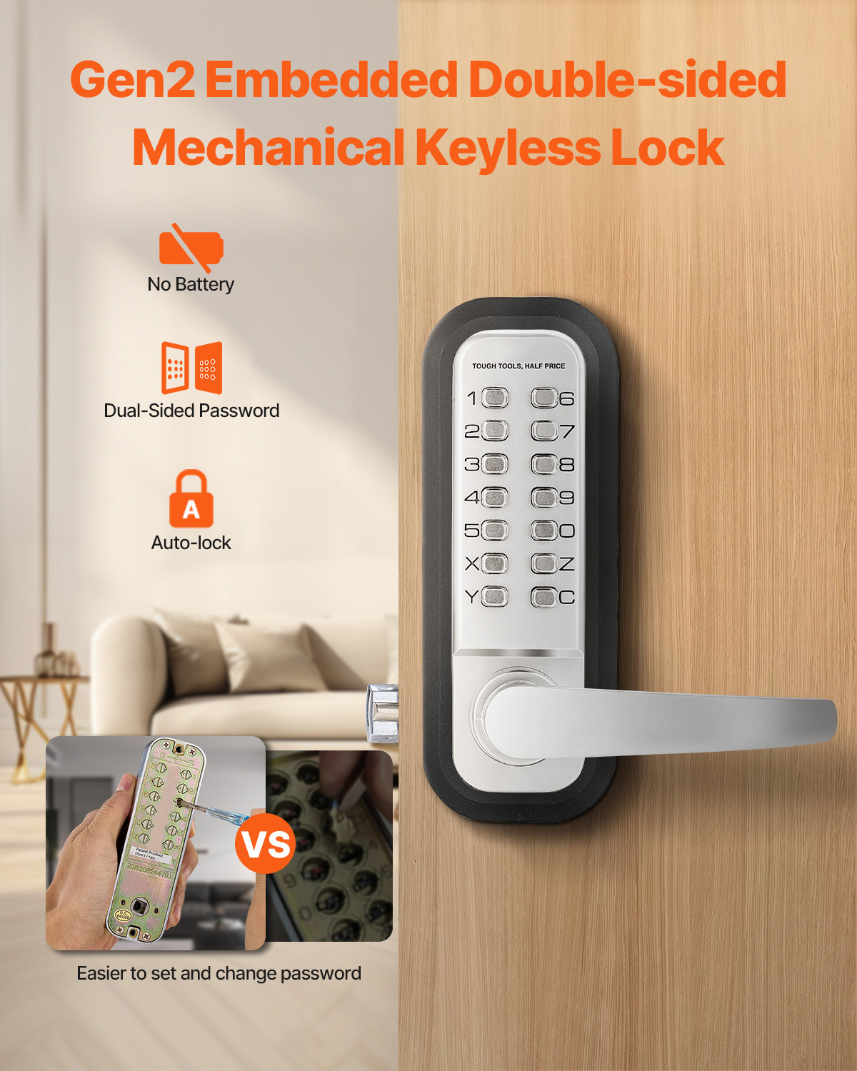 Mechanical Keyless Entry Door Lock 14 Key Mechanical Keypad Lock for Home Sliver