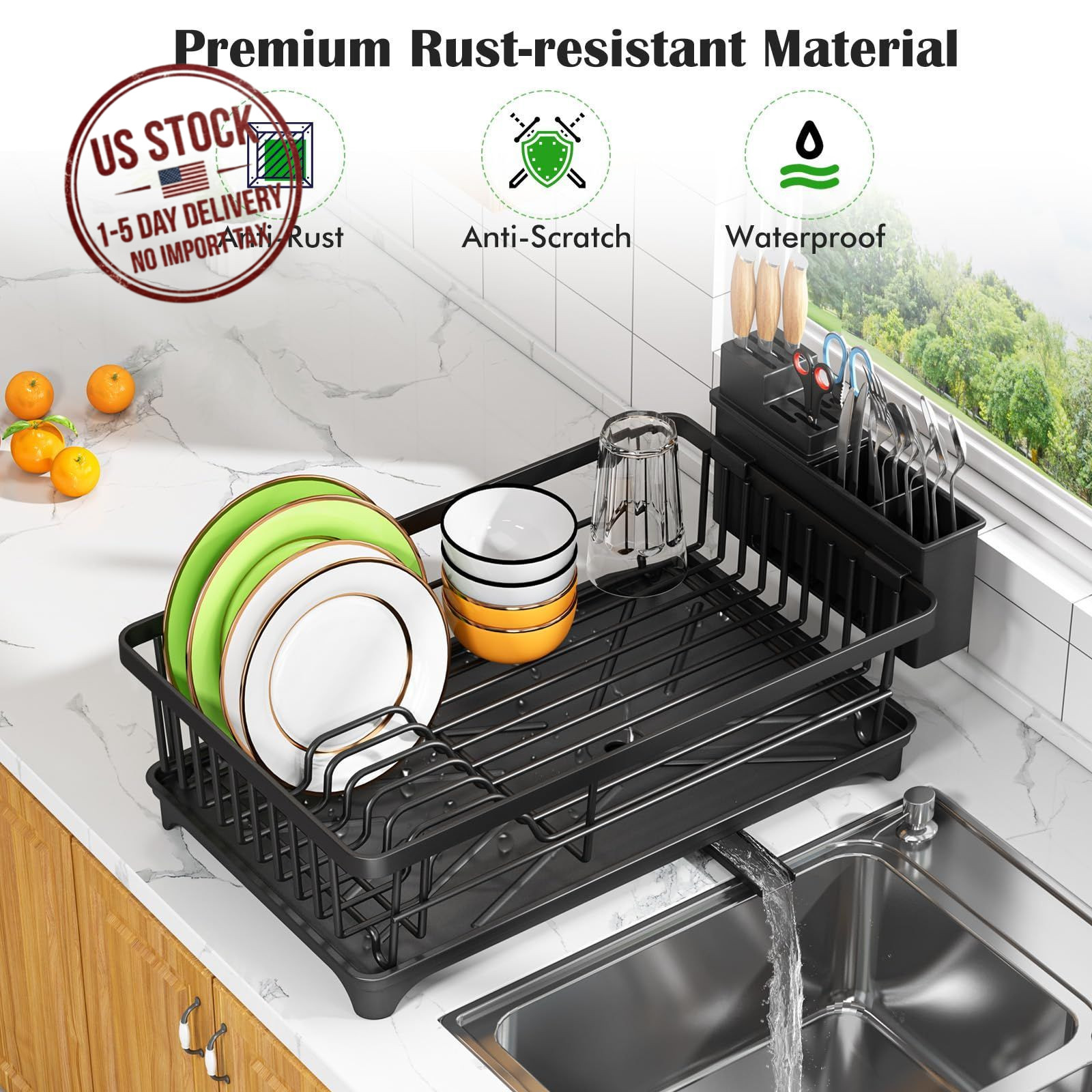 Compact Dish Drying Rack, Rust-Resistant Kitchen Drainer with Utensil Holder