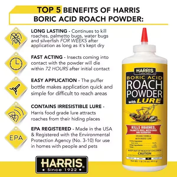 HARRIS Boric Acid Roach and Silverfish Killer Powder w/Lure for Insects (16oz).