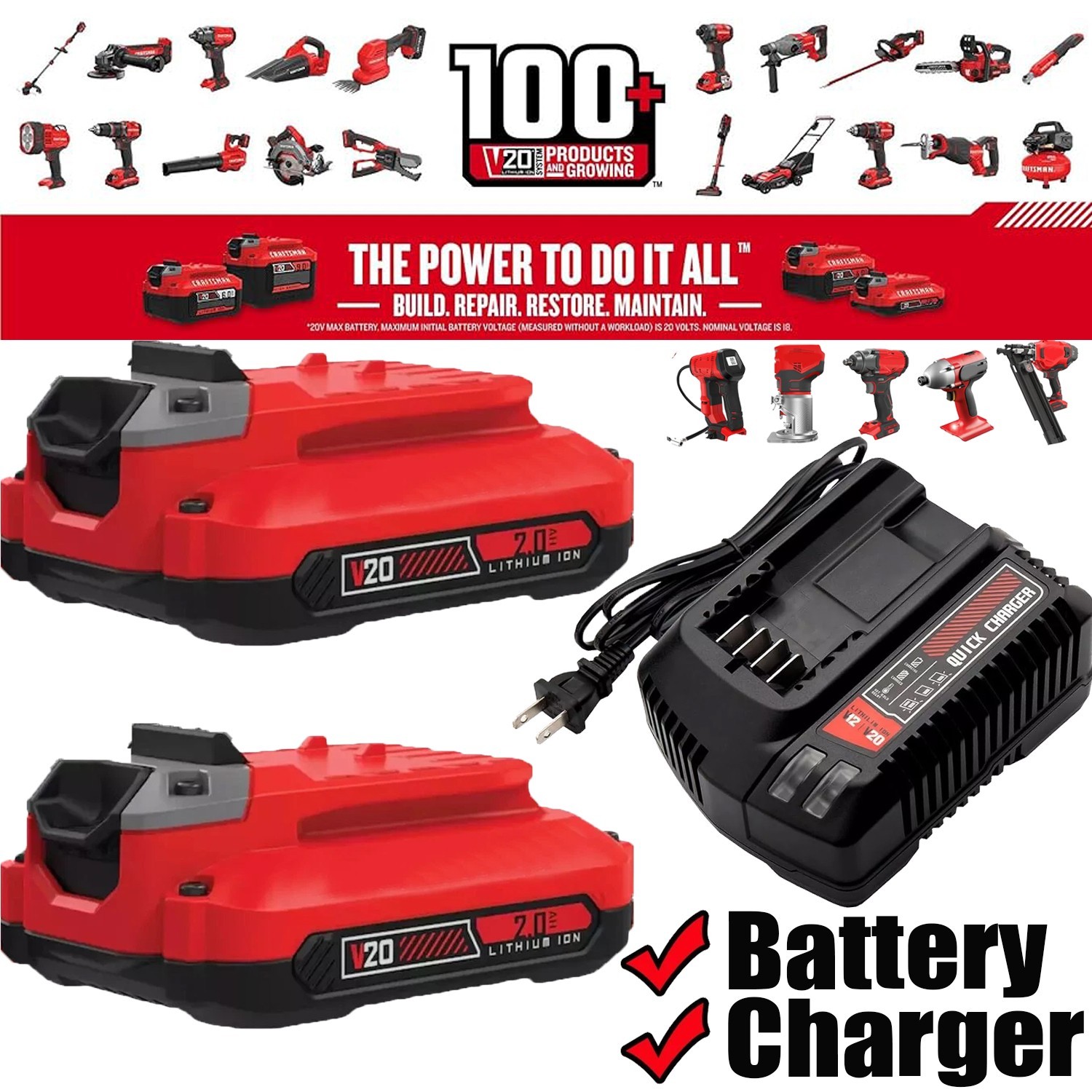 2PACK For CRAFTSMAN CMCB202 20V 2.0Ah Battery V20 20 Volt Lithium-ion or Charger