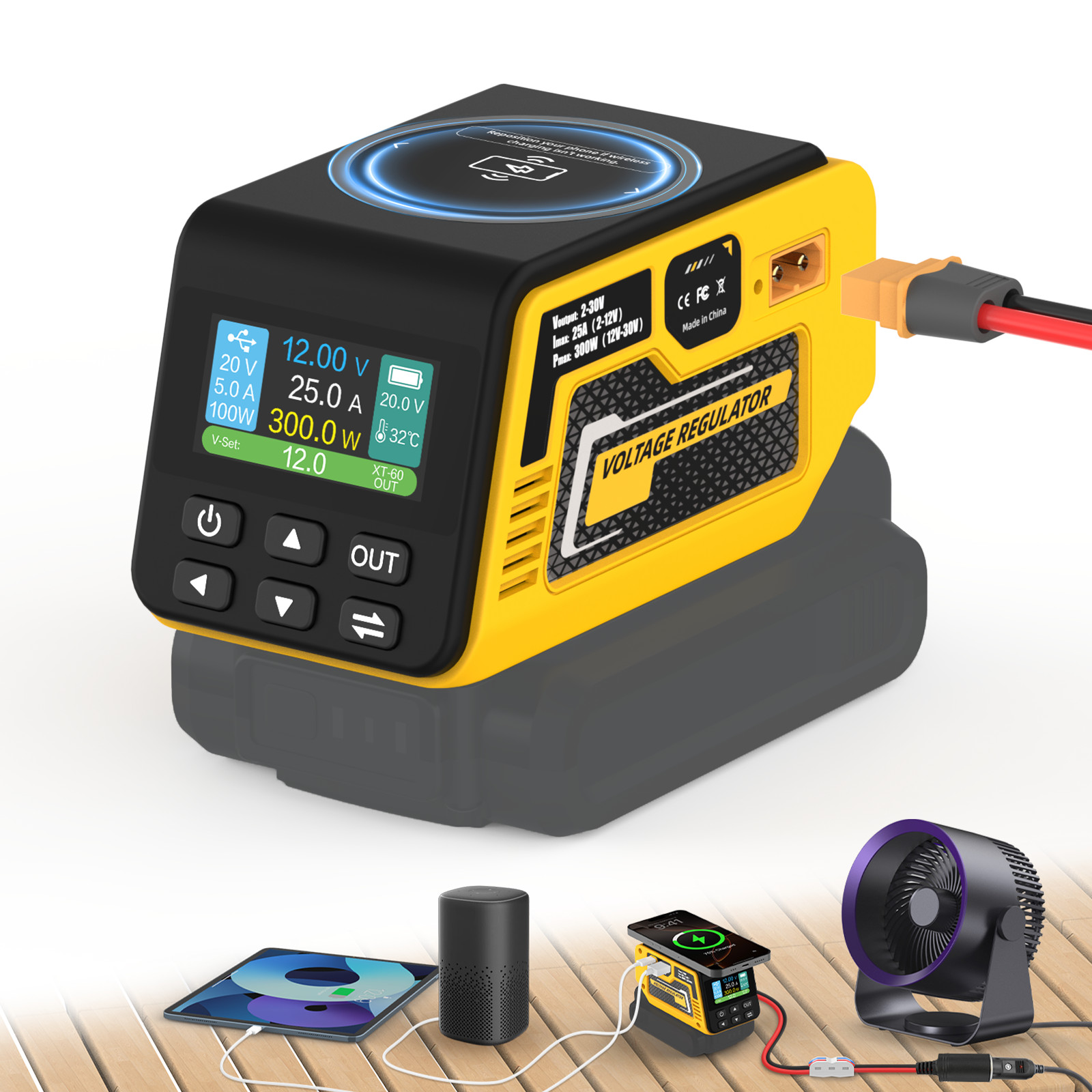 300W power Regulator Compatible with Dewalt 20V Battery – 2-30V DC Adjustable