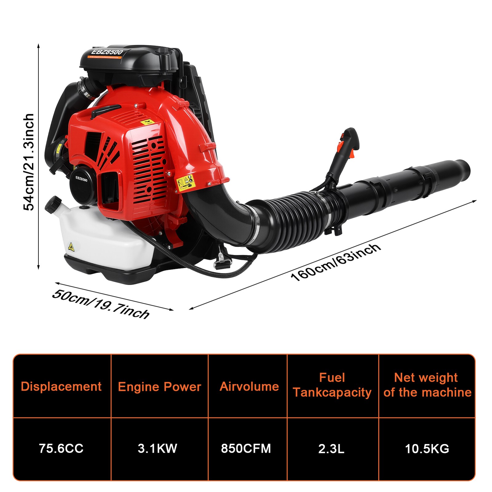 Backpack Gas Leaf Blower, 75.6cc 2 Stroke Engine, 850CFM, 200MPH 2.3L Fuel Tank