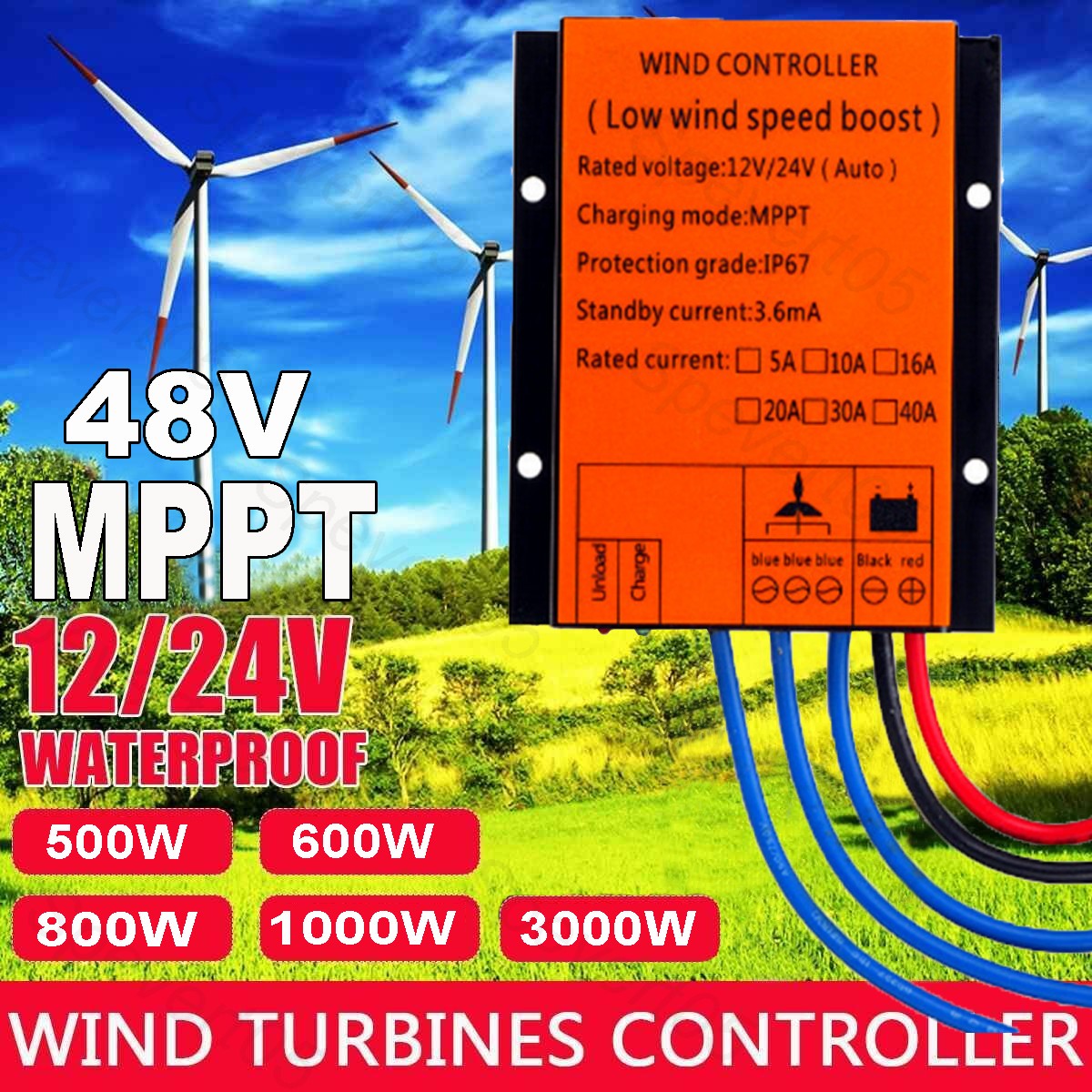 800W-1000W-3000W Wind Turbine Generator 12/24- 48V MPPT Charge Controller Regler