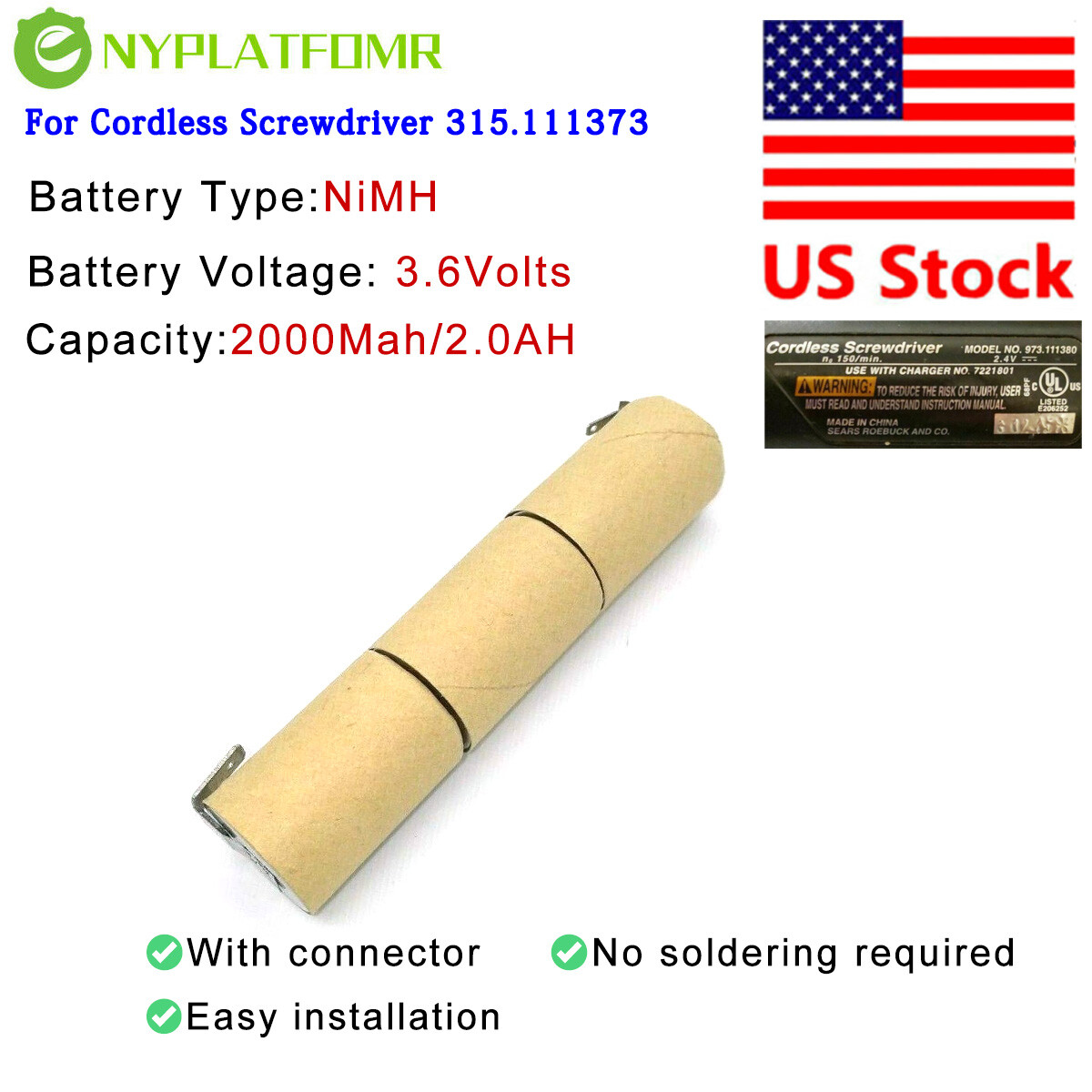 4/5SC 2000mAh for 3.6V Battery Pack craftsman 315.111373 cordless screw driver