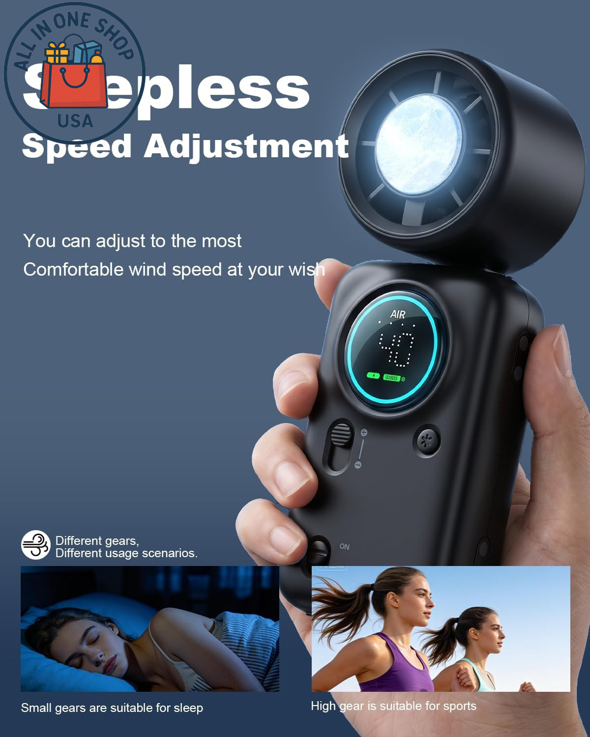 Rechargeable Portable Handheld Fan with LED Display and Stepless Speed Control