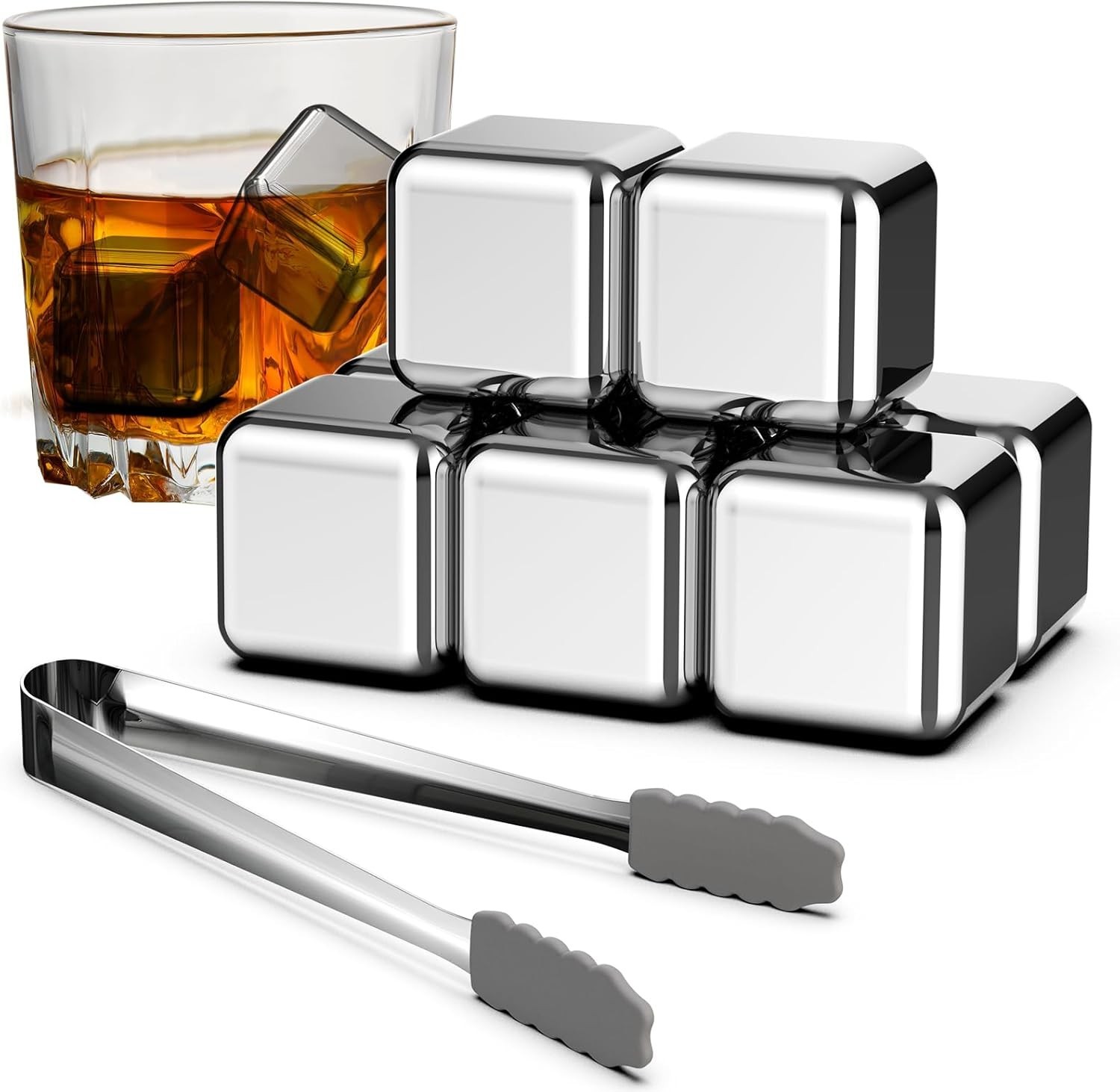 304 Stainless Steel 8Pcs Ice Cubes-Reusable Whiskey Stones, Tong, Storage Box