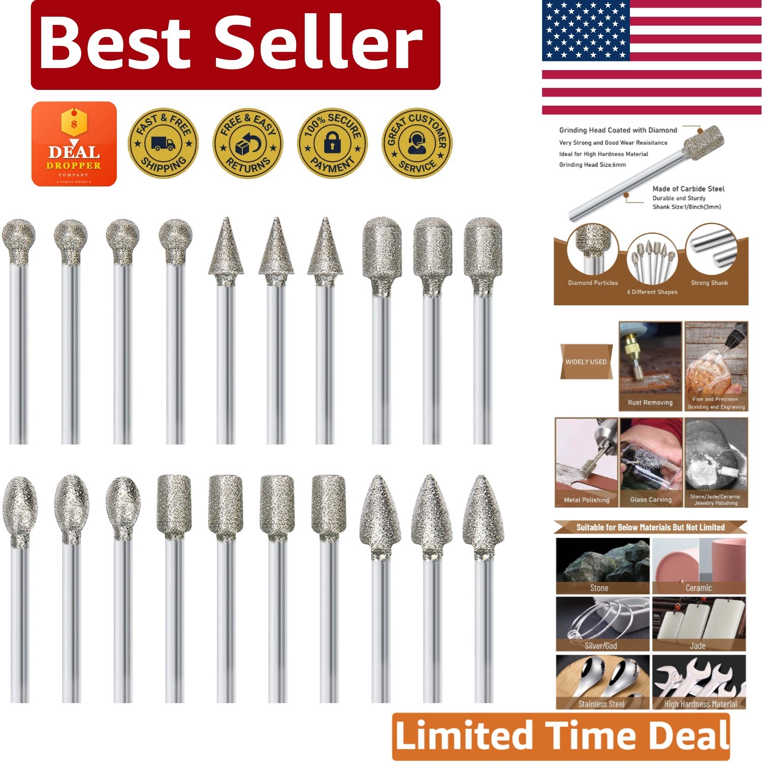20-Piece Diamond Burr Set for Precision Engraving & Polishing – 1/8 Inch Shank