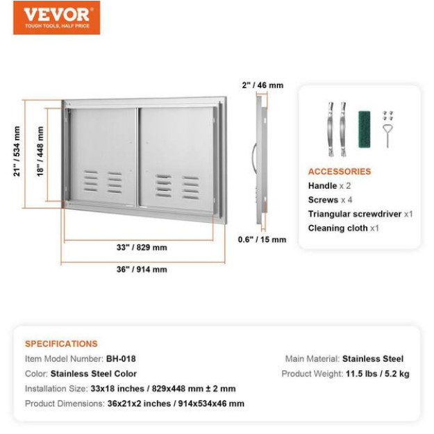 *NO HANDL* Outdoor Flush Mount Kitchen Doors 36 x 21″ Stainless Steel BBQ