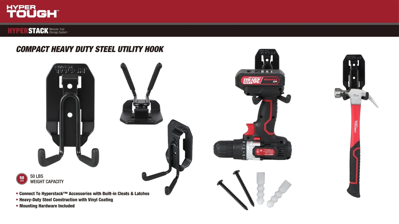 Hyper Tough Hyper Stack Compact Heavy Duty Steel Utility Hook, Black