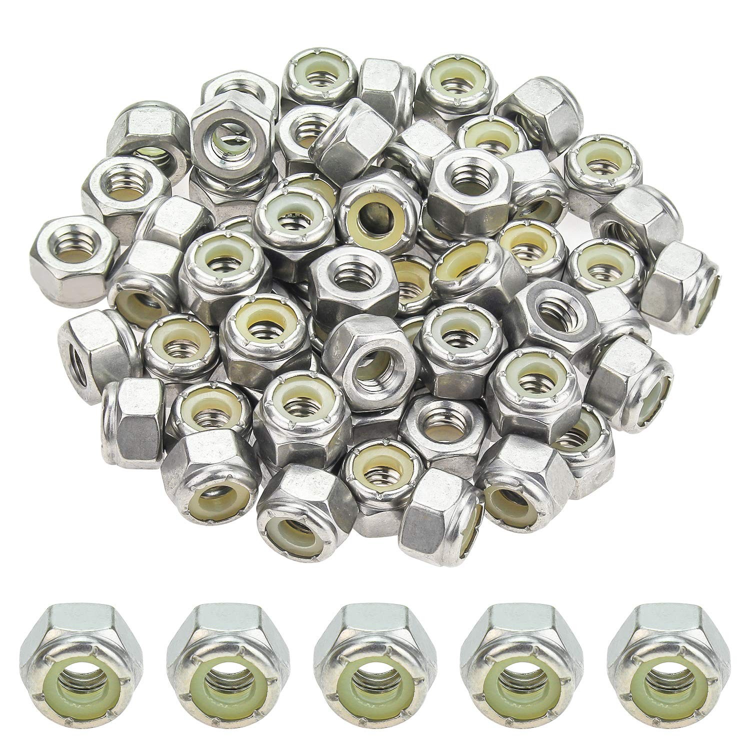 Powlankou 60 Pieces 1/4″-20 Nylon Insert Hex Lock 1/4-20 (60 pcs), Silver