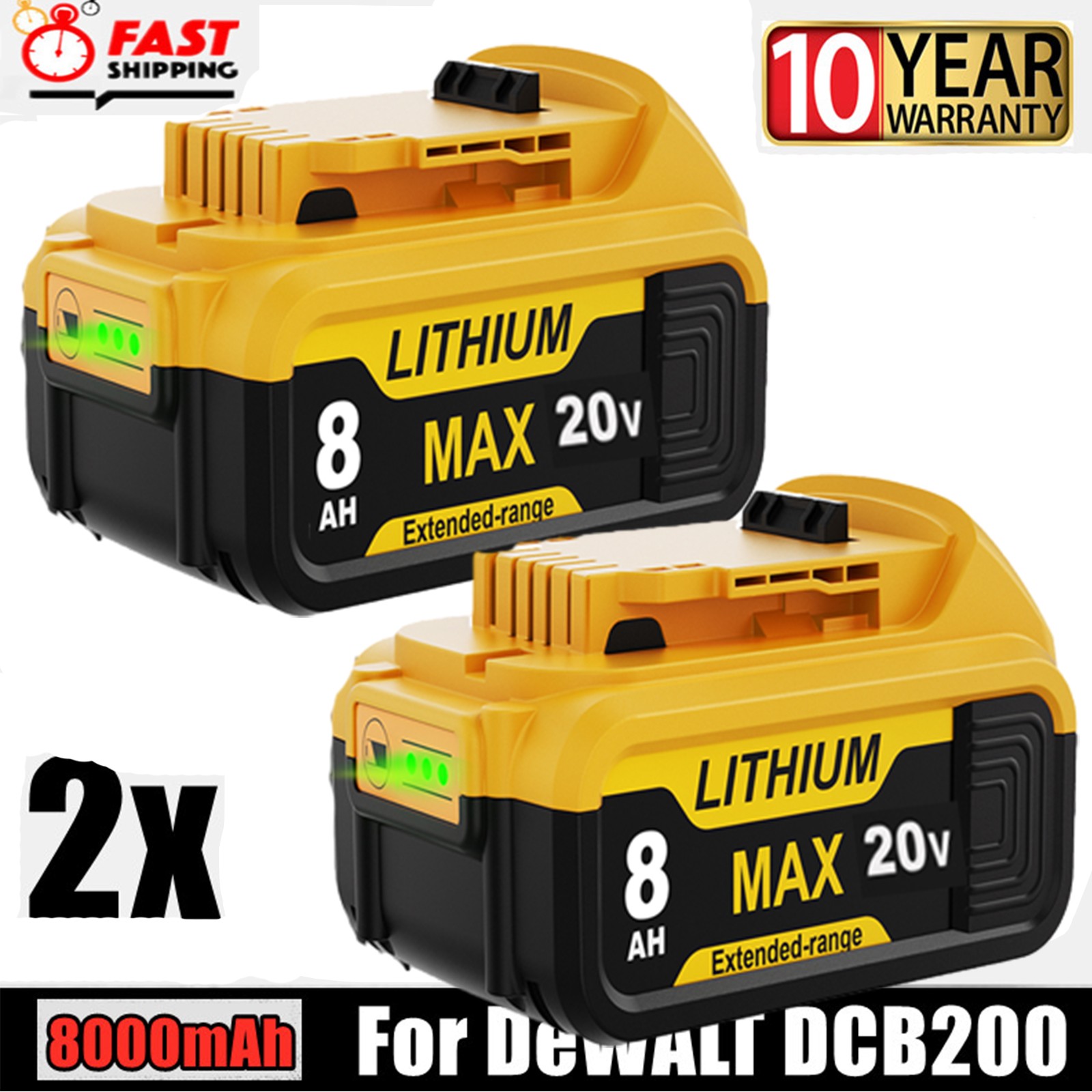 2PCS For DeWalt 20V 20Volt Max 8.0Ah Lithium Ion Battery DCB206 DCB205 DCB203