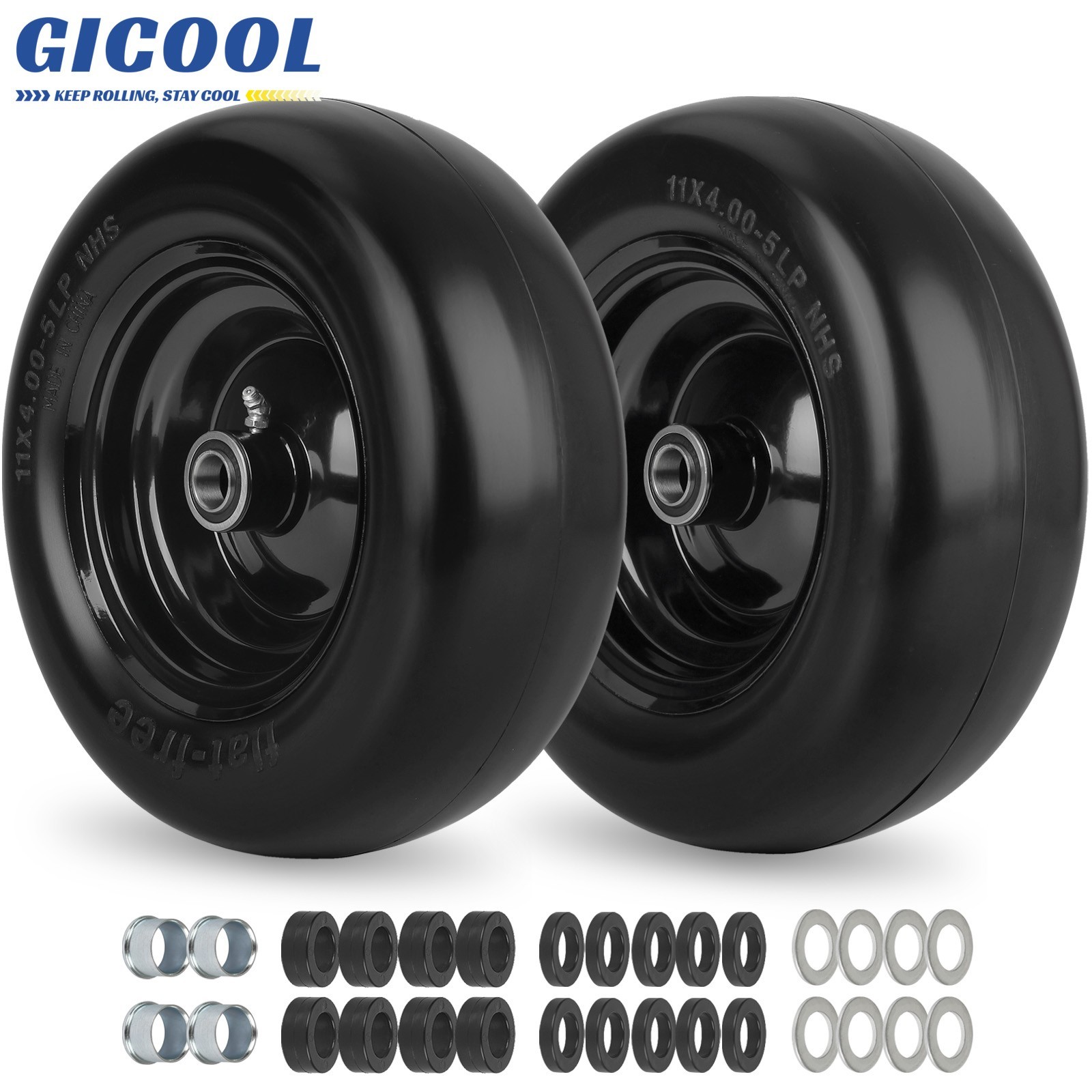 2-Pack 11×4.00-5 Flat free Smooth Tread Tire & Wheel for Zero Turn Lawn Mowers