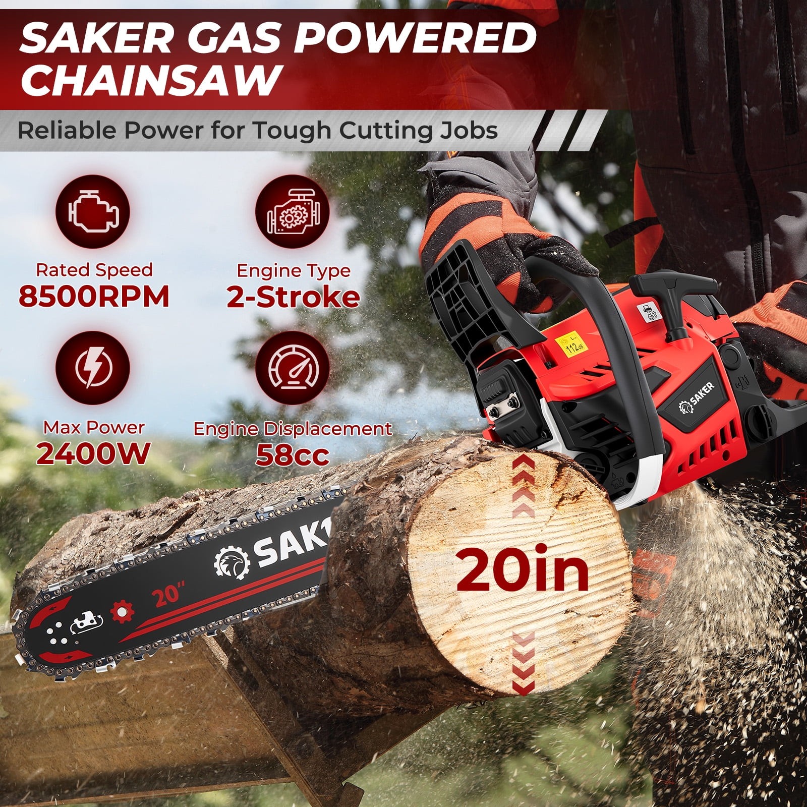 Saker 58cc Gas Chainsaw, 3.2HP 2-Cycle Engine, 20-Inch Manganese Steel Bar,