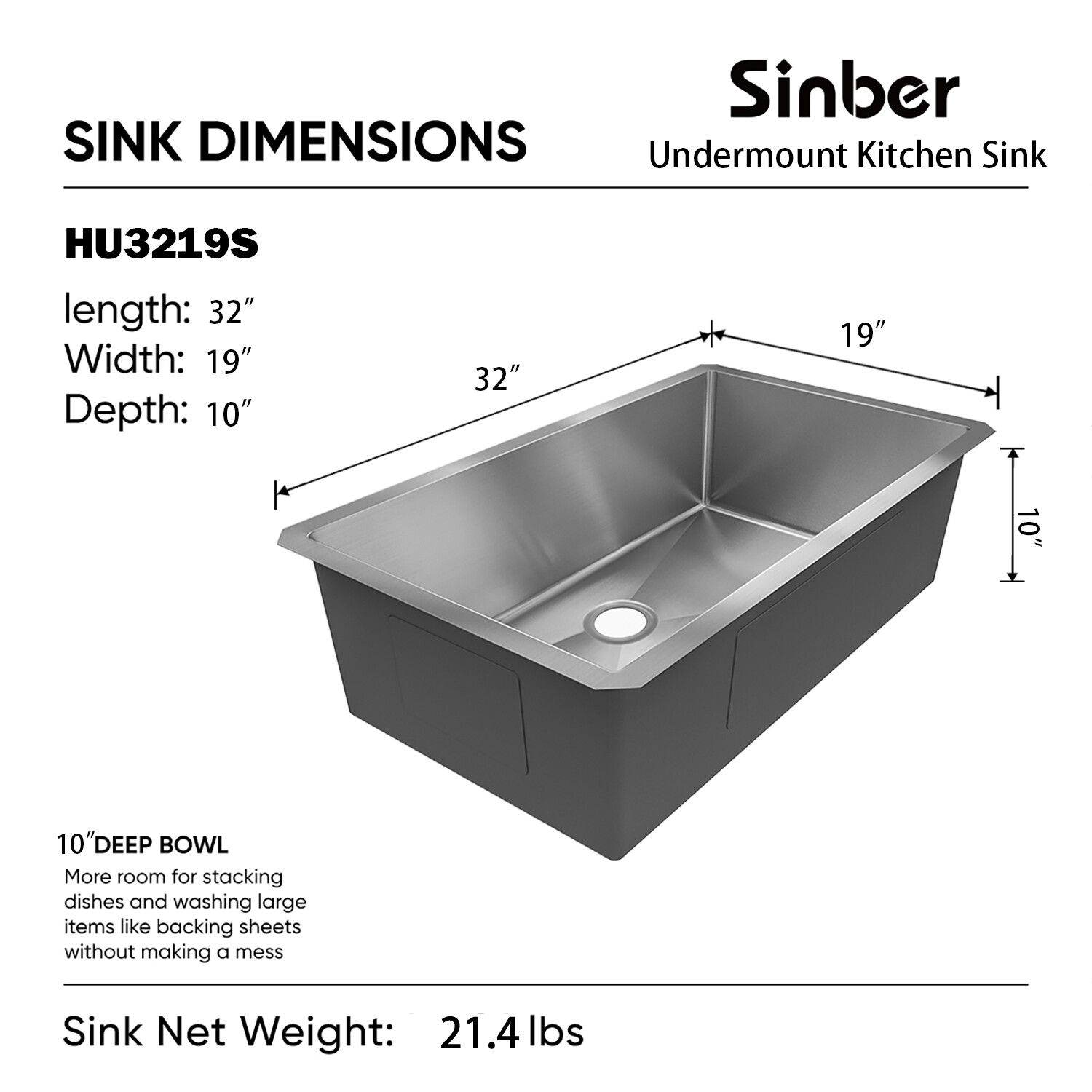 Sinber 32″ Undermount Single Bowl 304 Stainless Steel Kitchen Sink HU3219S-S-16E