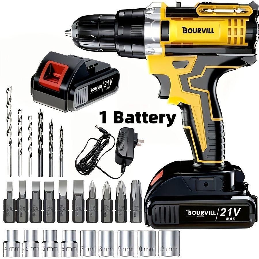BOURVILL 21V Cordless Impact Drill Set, Wireless Drill Set, Household Power Tool