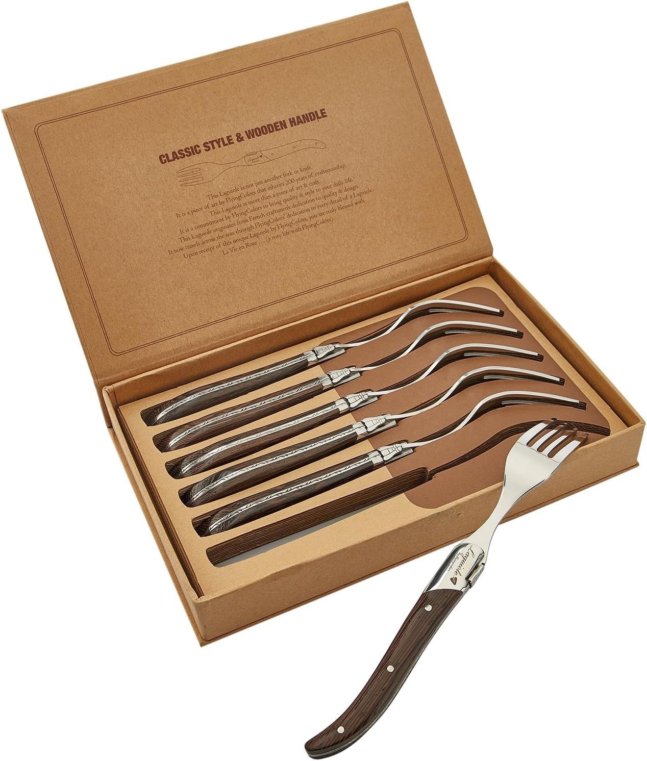 Laguiole by FlyingColors 6 Dinner Forks Set Stainless Steel Wood Handle Gift Box
