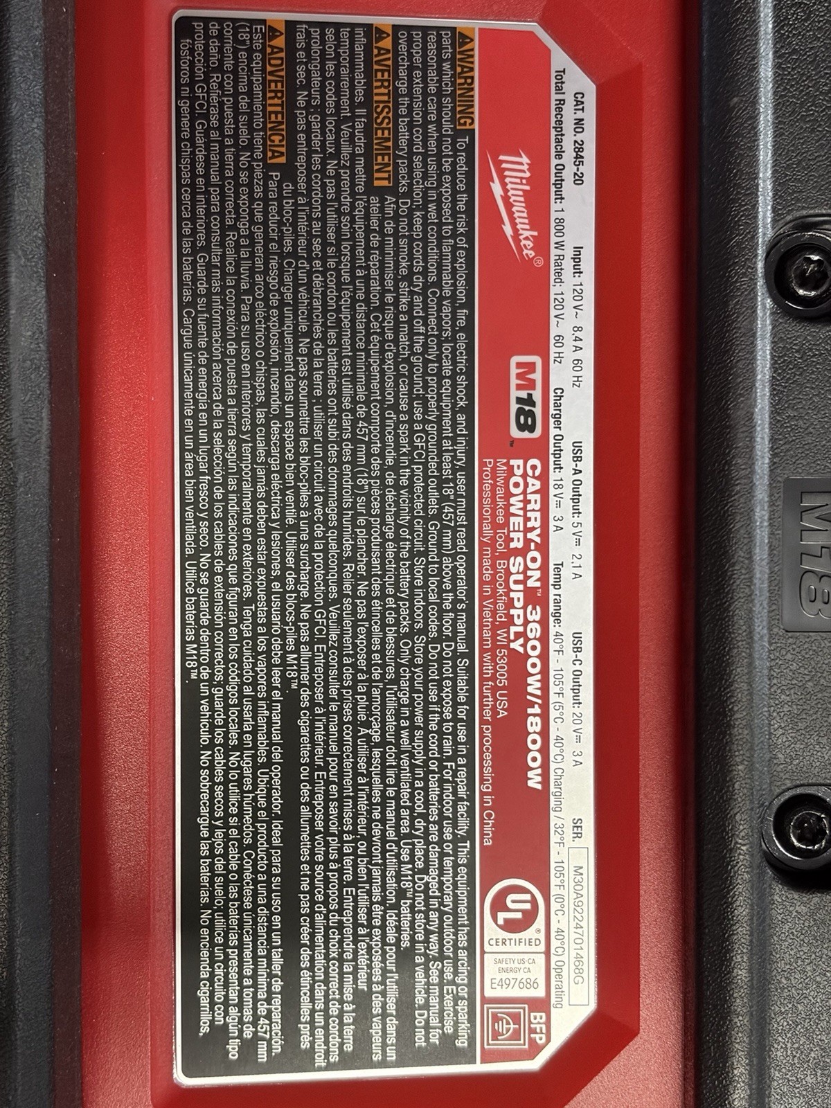Milwaukee 2845-20 M18 CARRY-ON 3600W/1800W Power Supply | MINT! MISSING CORD!