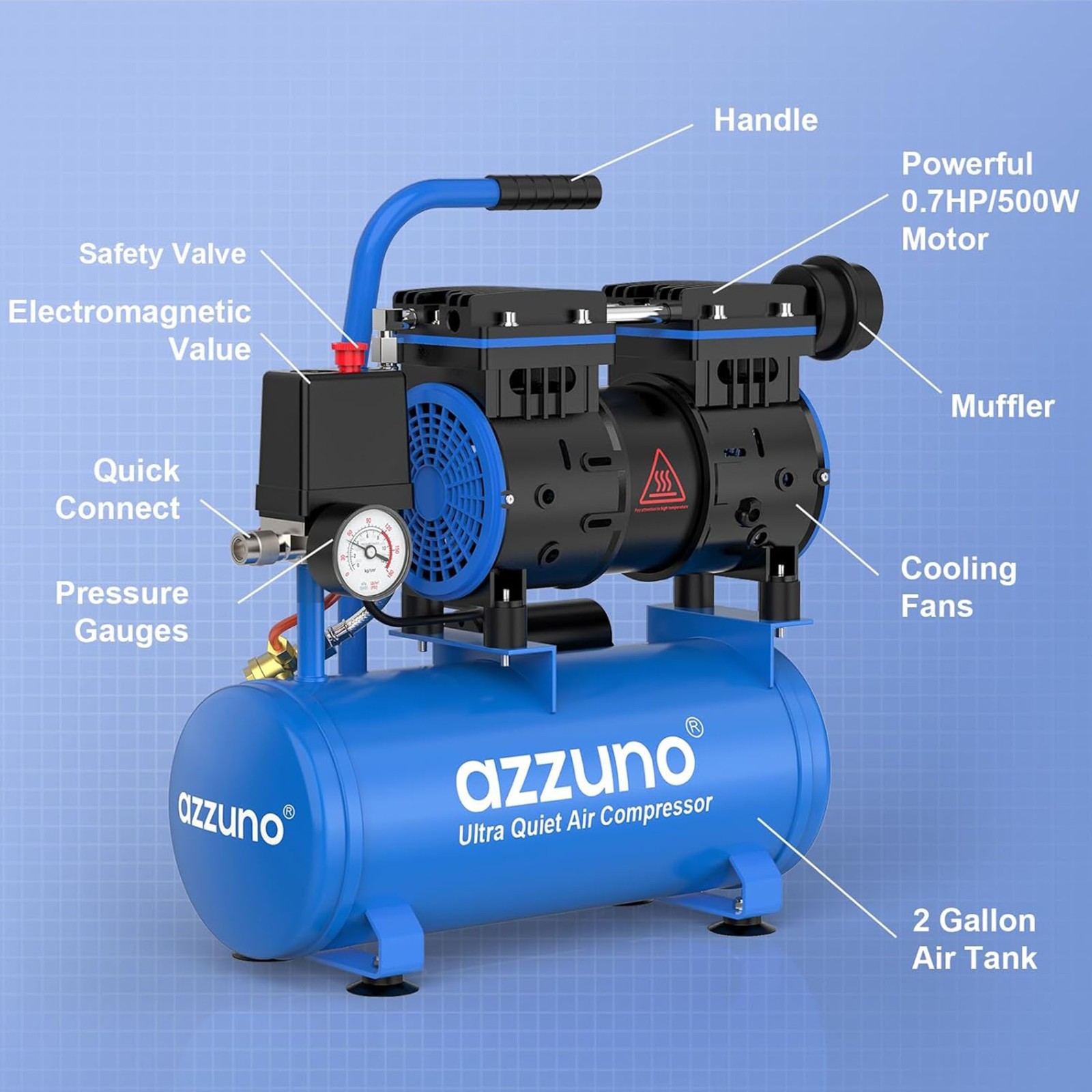 AZZUNO Air Compressor 6 Gallon 4.2CFM@90PSI 70 dB Ultra Quiet Oil Free