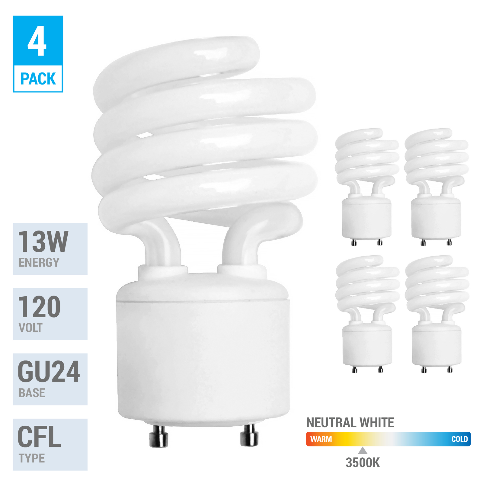4 Pack Spiral CFL Fluorescent 13W =60W Twist and Lock GU24 3500K Neutral White