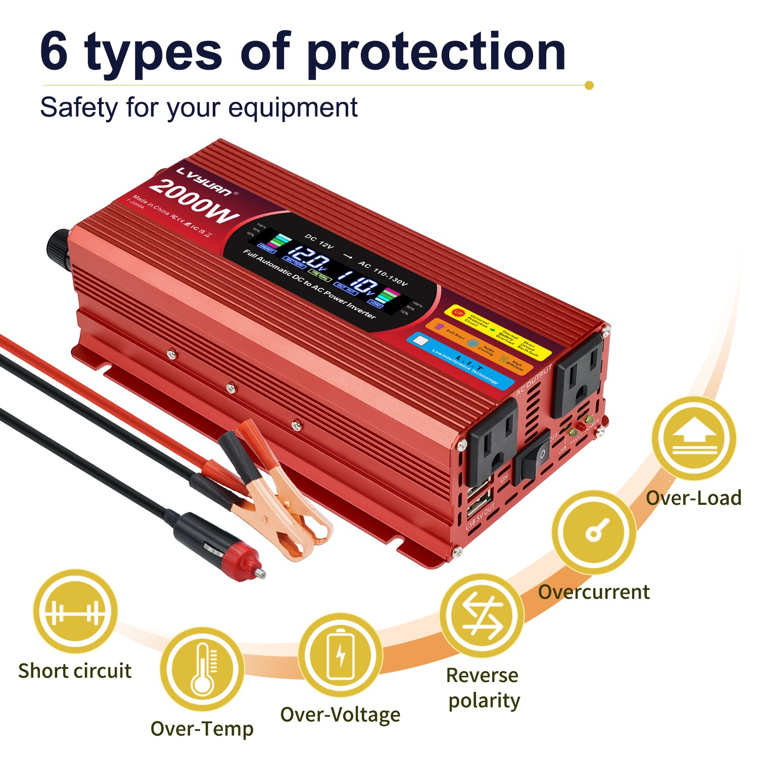 800W 2000W Power Inverter 12V to 110V LCD 2USB 2AC Converter Adapter Off-gird