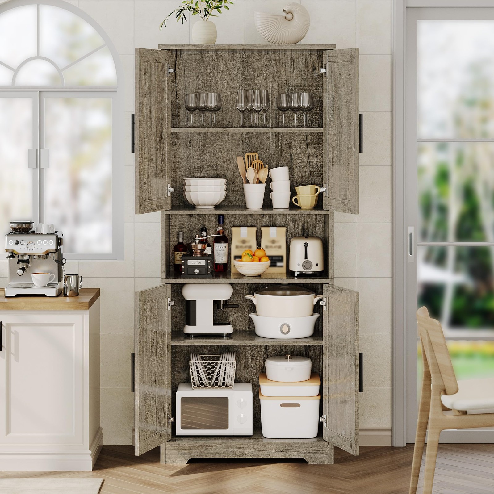 70” Tall Kitchen Pantry Cabinet Freestanding Storage Cabinet Adjustable Shelves