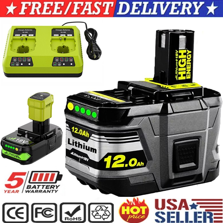 12.0 AH 8.0AH For RYOBI 18V P108 High Capacity Lithium Battery /Charger P107