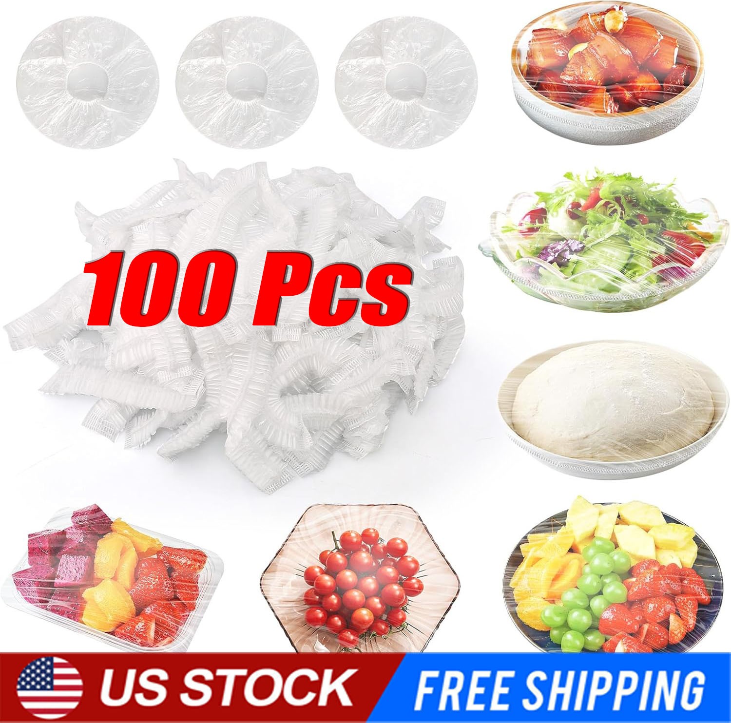 100Pcs Food Cover Disposable Plastic Wrap Elastic Food Covers For Fruit Bowl Cup