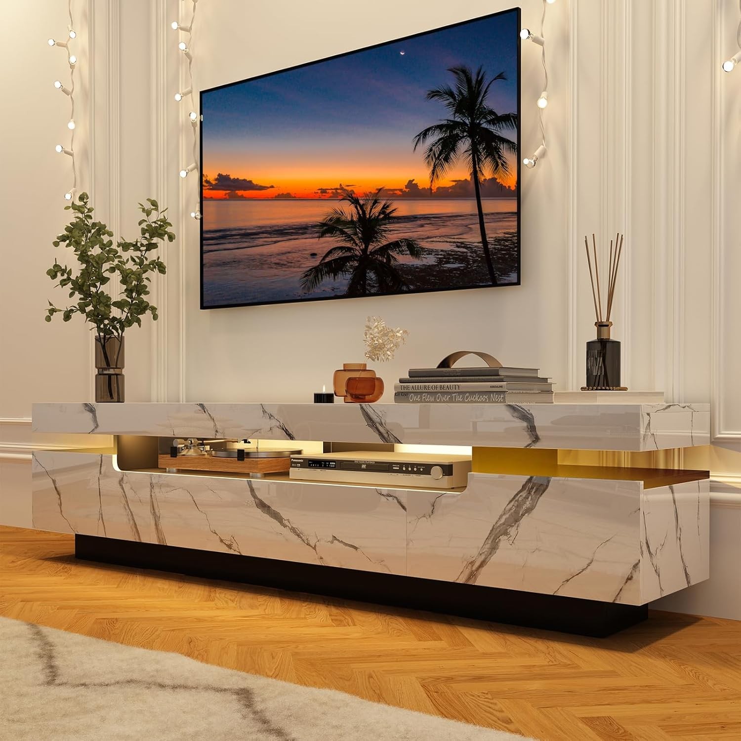 Uspeedy 70IN White TV Stand for 75/80 inch TV,Modern LED TV Stand for Living Roo