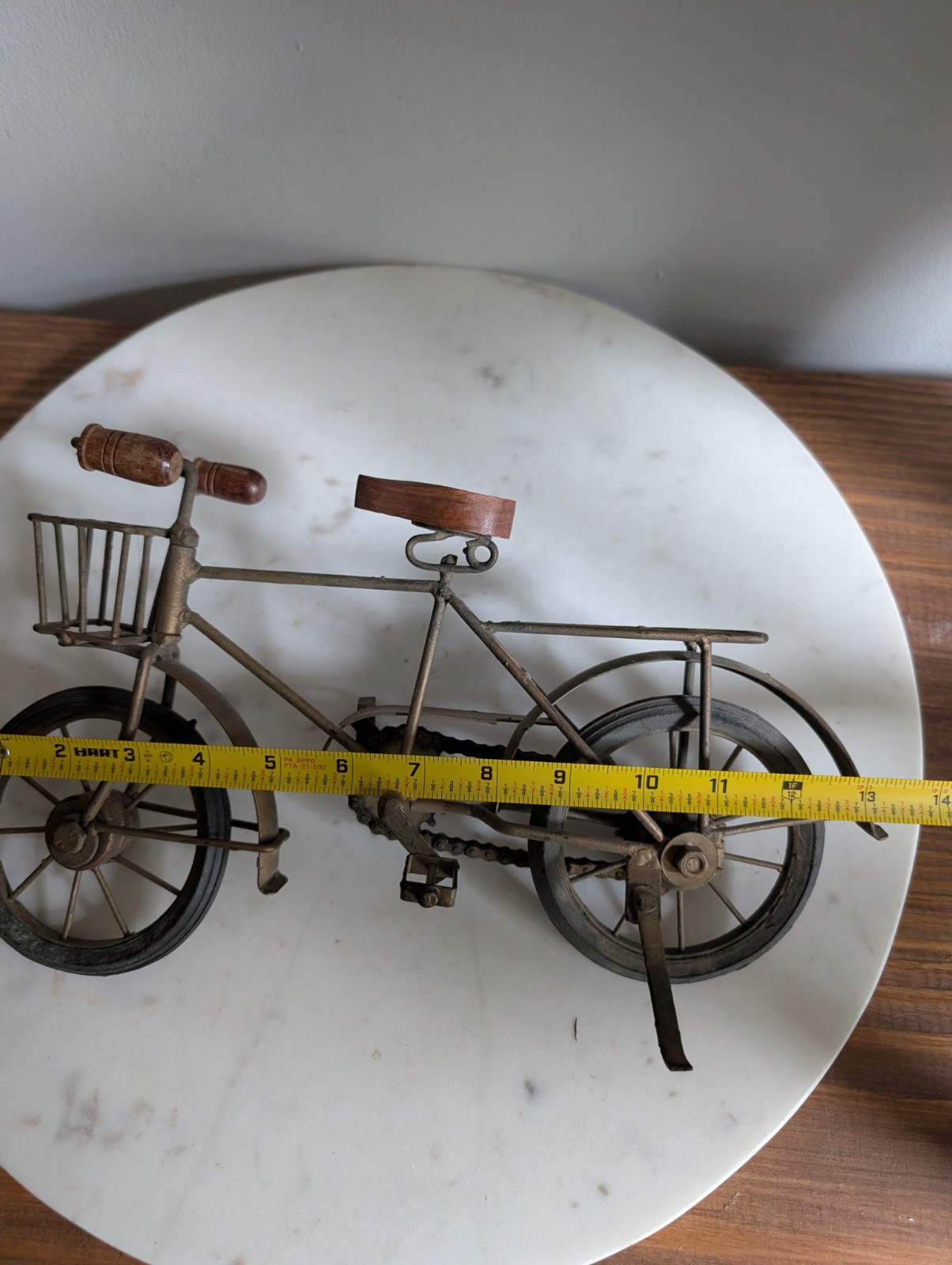 Miniature Metal Bicycle Sculpture Rustic Cottage Decor Wood Seat Basket Display