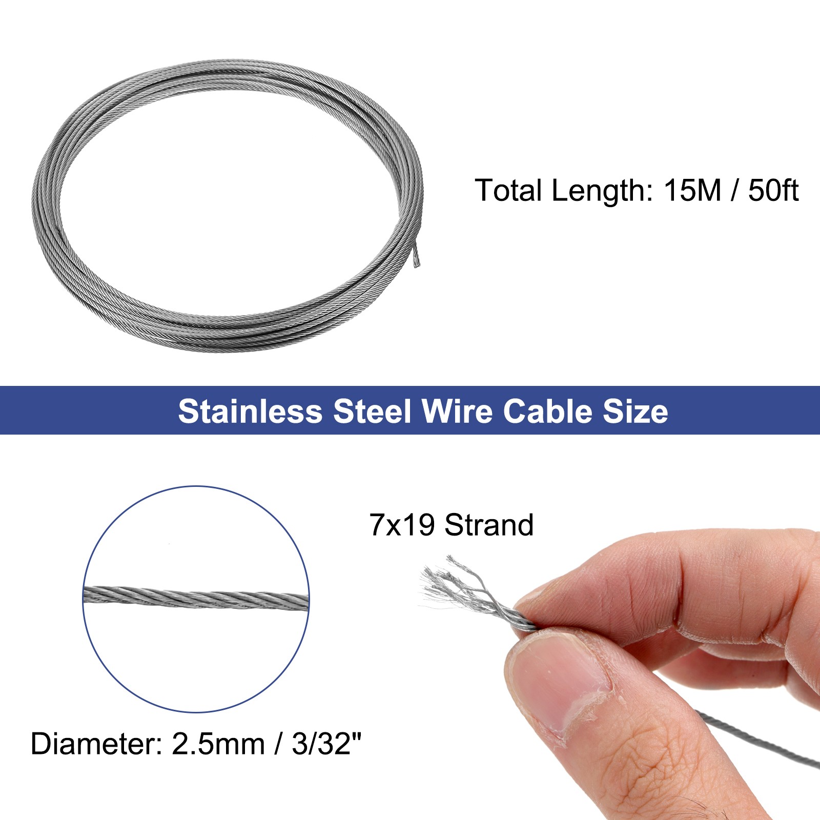 3/32″ 2.5mm 50ft 15M 304 Stainless Steel Cable Wire Rope 7 x 19 Strands