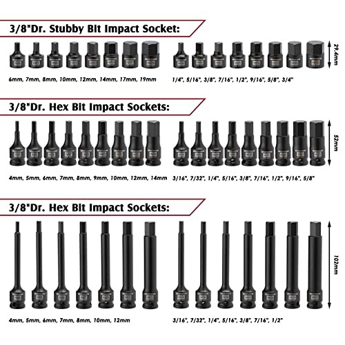 3/8″ Drive Master Hex Bit Impact Socket Set, Solid One Piece Construction,