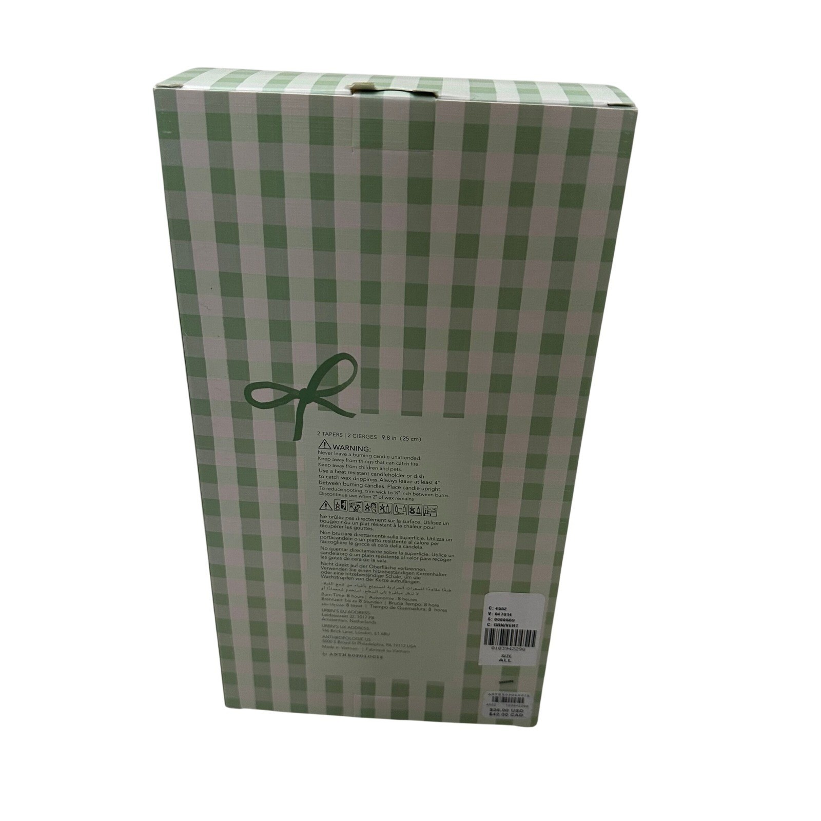 Anthropologie Green Gingham Bow Taper Candles Set of 2 Hand Sculpted 9.8 in NEW