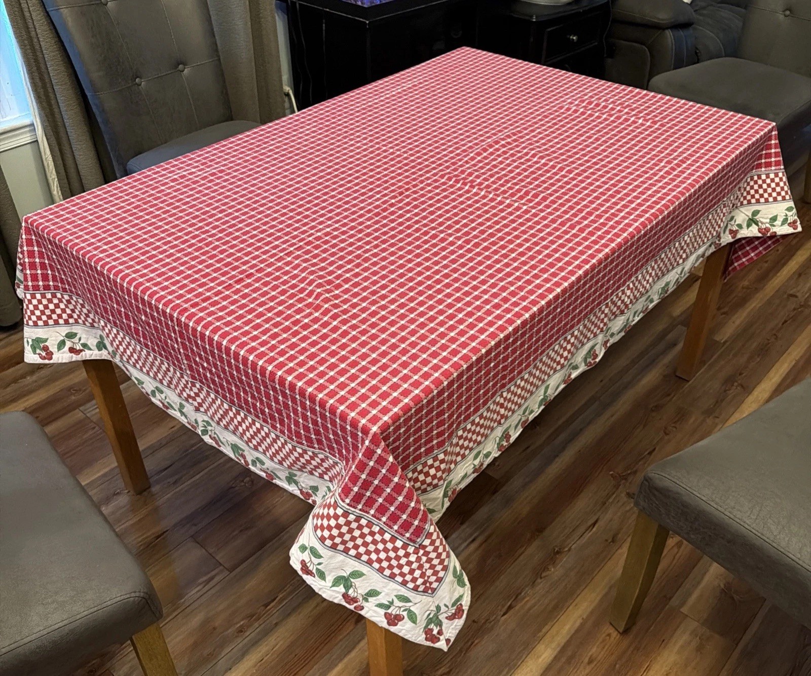 Red And White Check Cotton Tablecloth With Wide White & Cherry Border 52”x78”