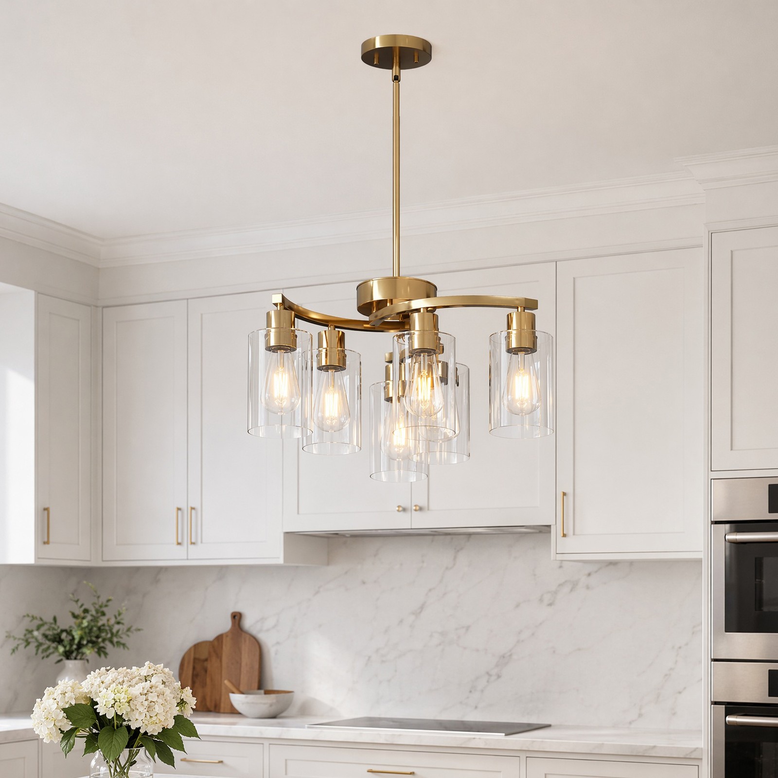 22 in Kitchen Living Room Farmhouse Gold LED Pendant Chandelier 6 Light Fixture