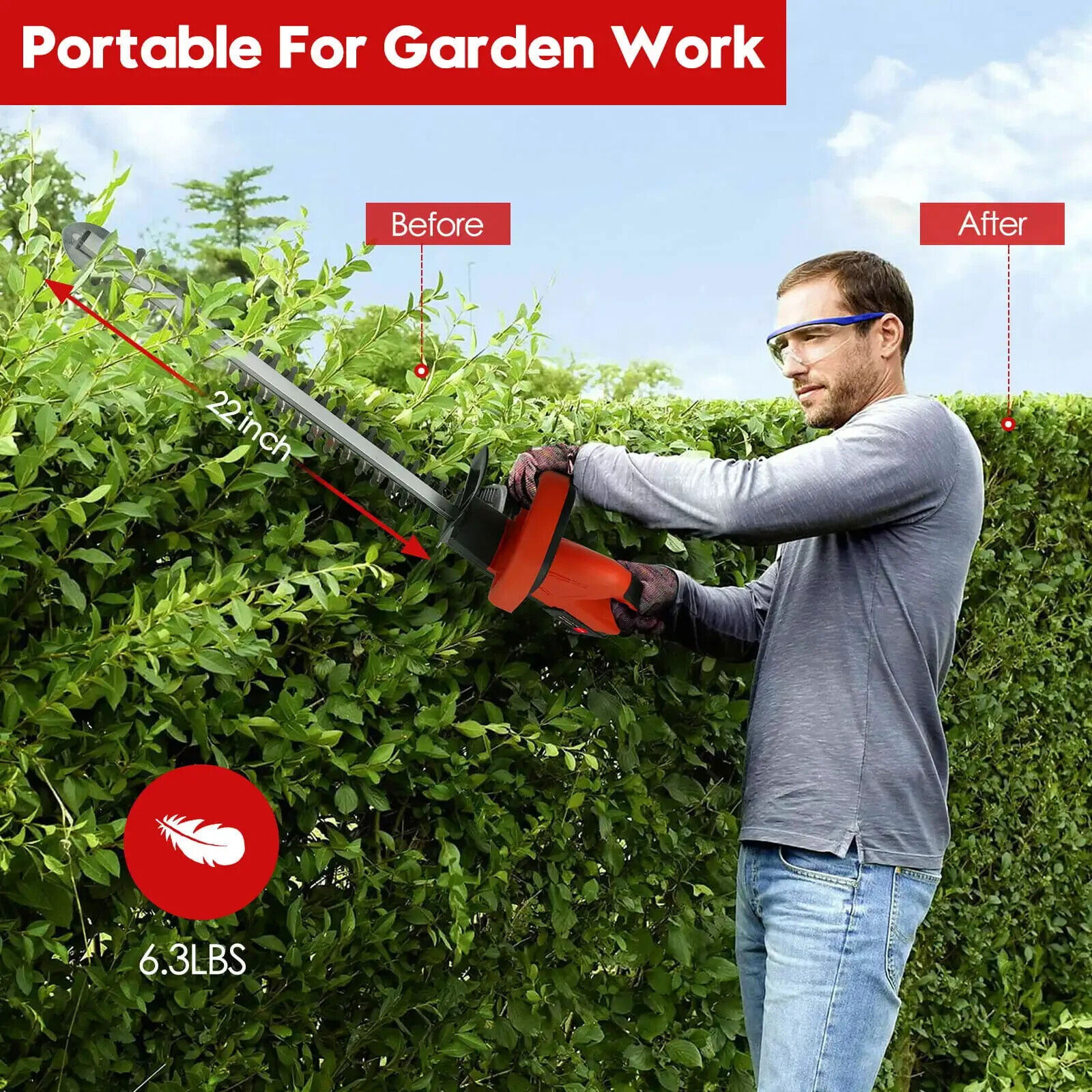 22” Electric Hedge Trimmer Cordless Power Hedge Trimmer with 2Battery & Charger