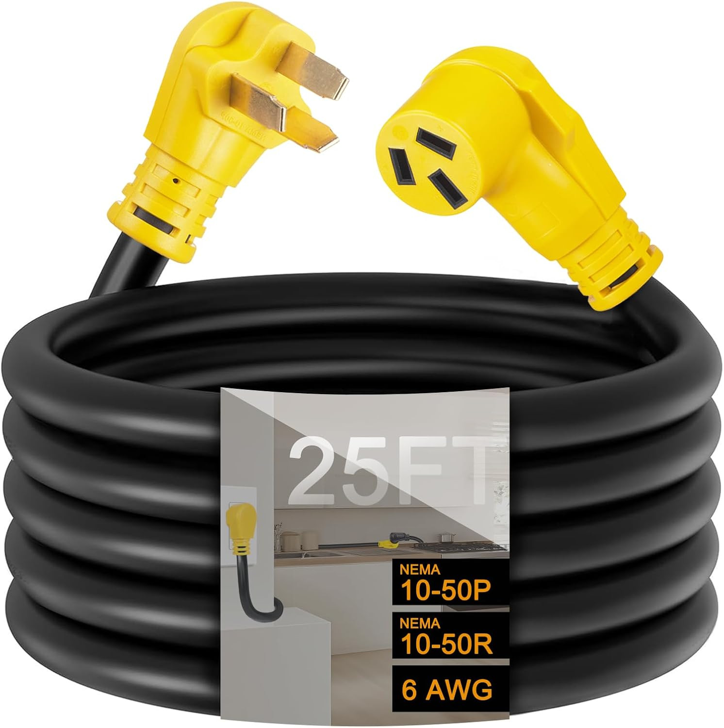 25Ft 10-50 Extension Power Cord, STW 6AWG/3C, 50 Amp, 250 Volts, 12500 Watts, He