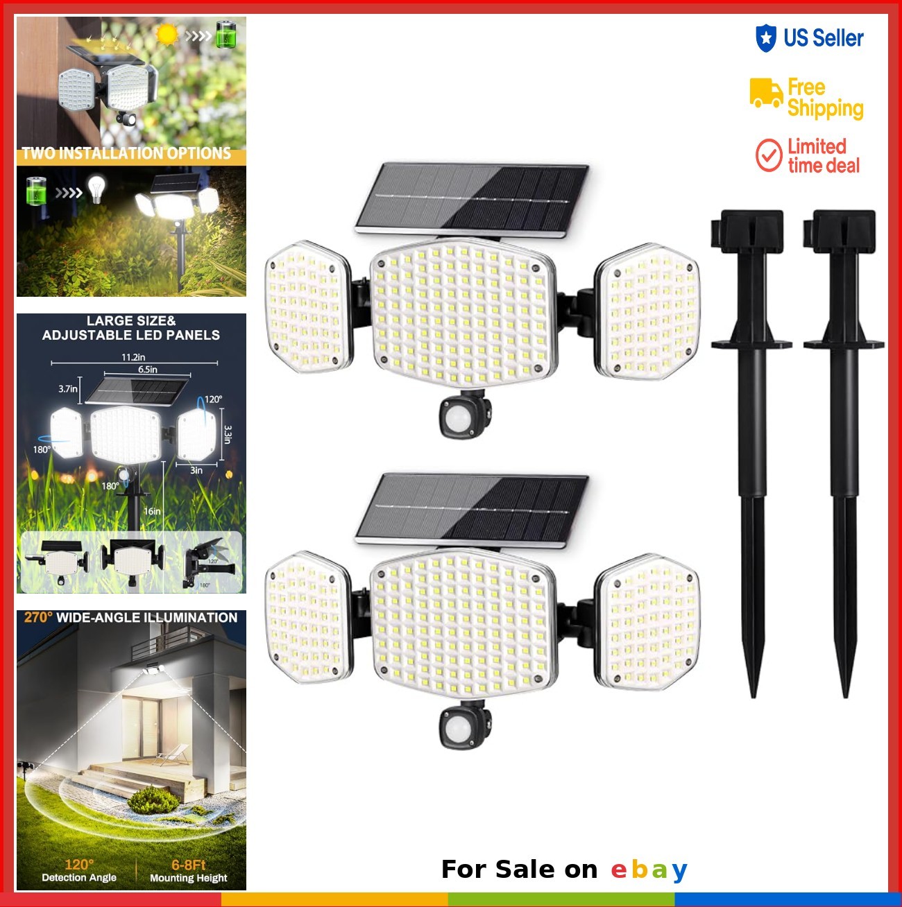 Solar Motion Sensor Outdoor Lights 208 LED 270° Wide Angle Flood Lights 2 Pack
