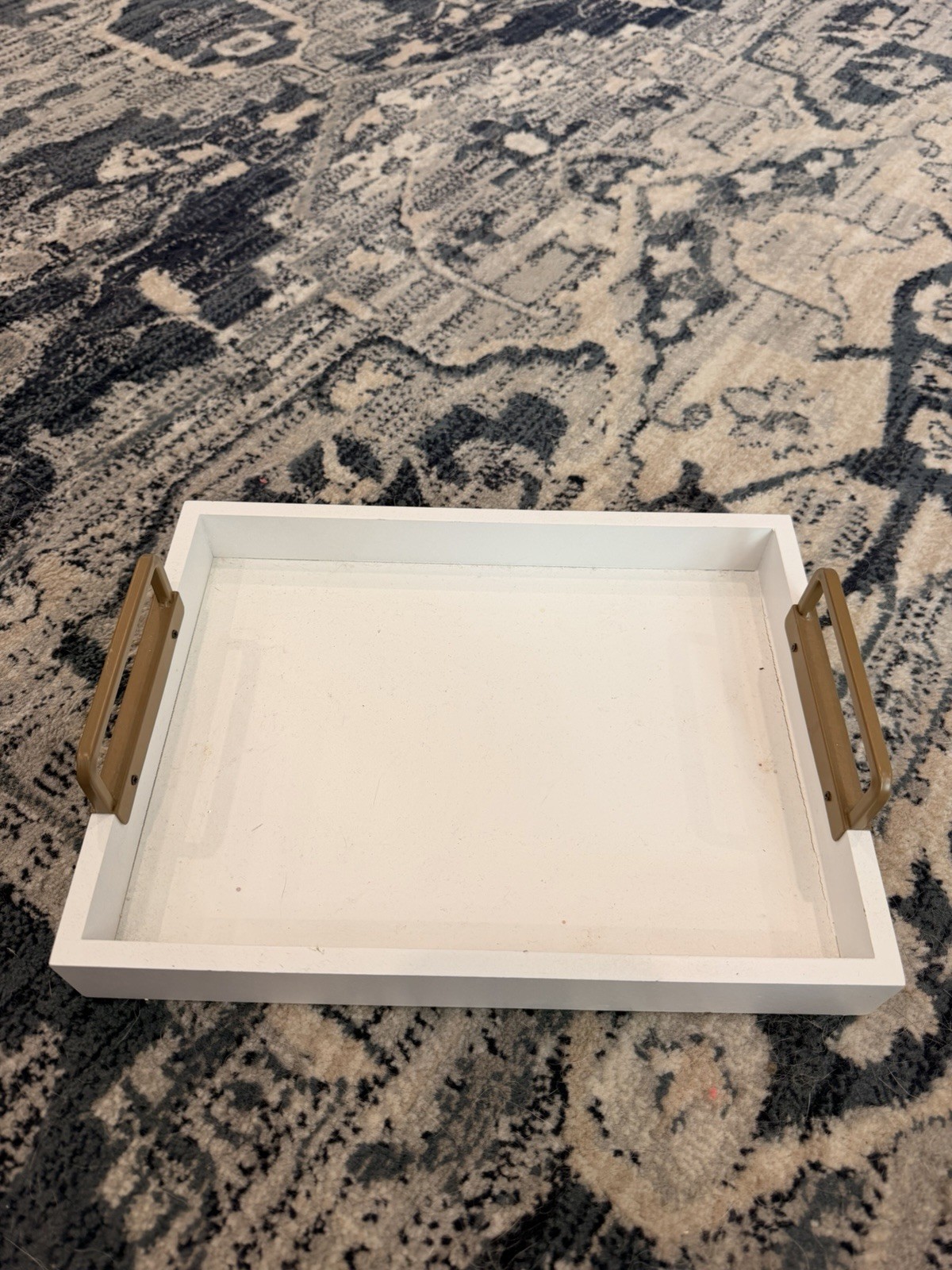 Large White Wooden Rectangular Serving Tray w/ Gold Metal Handles, Painted