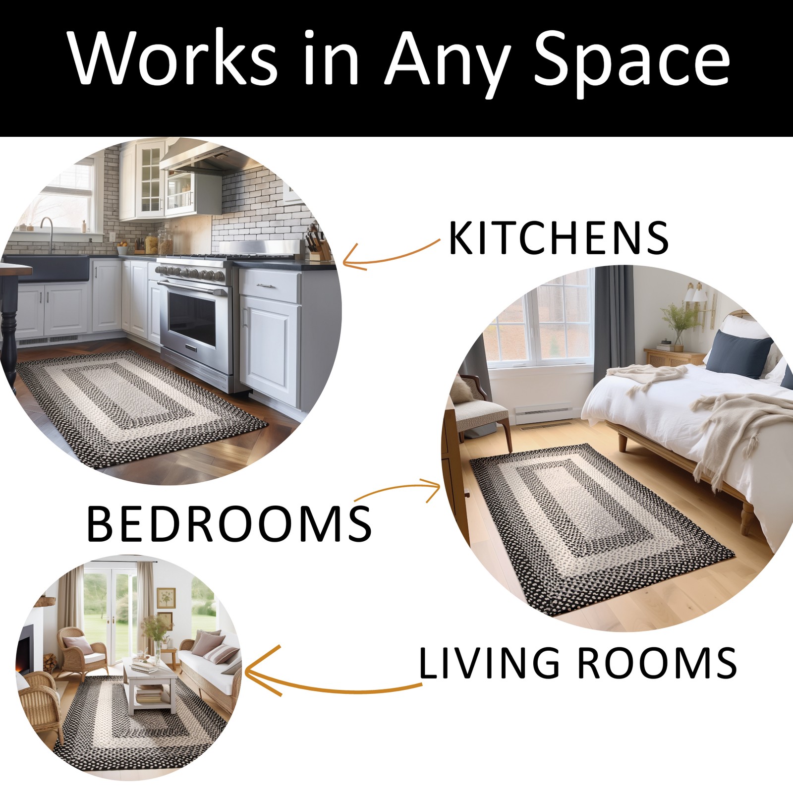 Farmhouse Braided Area Rug Black White & Gray Rug for Living Rooms and Bedroom