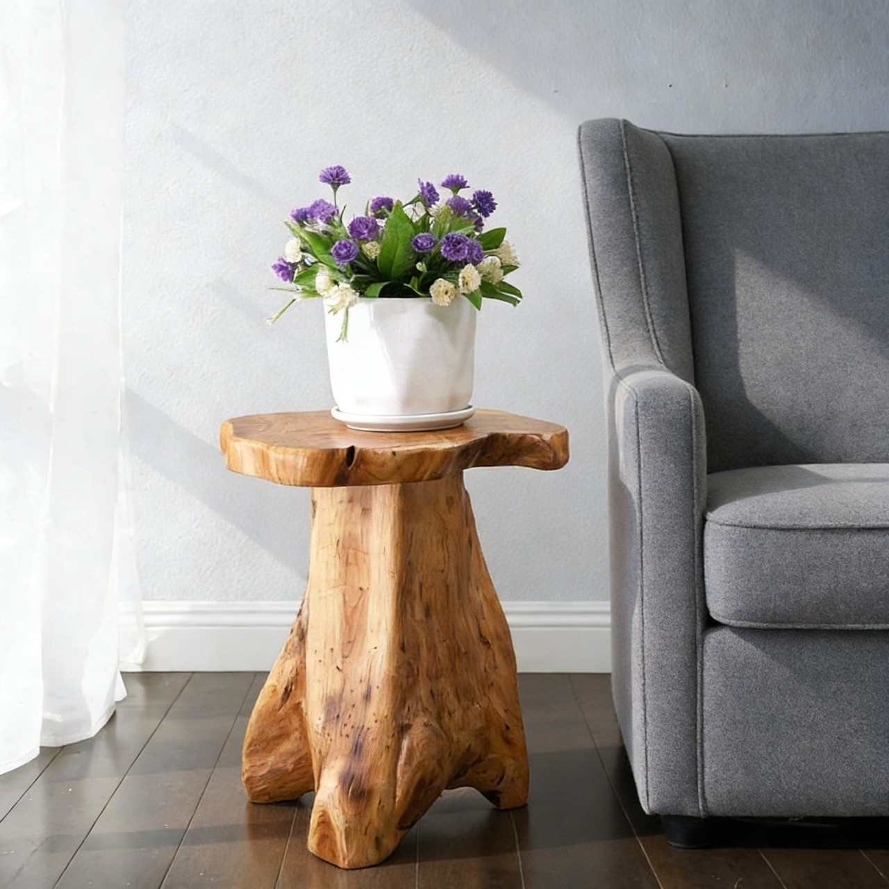 Rustic Cedar Roots Flower Stand Stool, Tree Stump Stool Side Table 19.5″ H