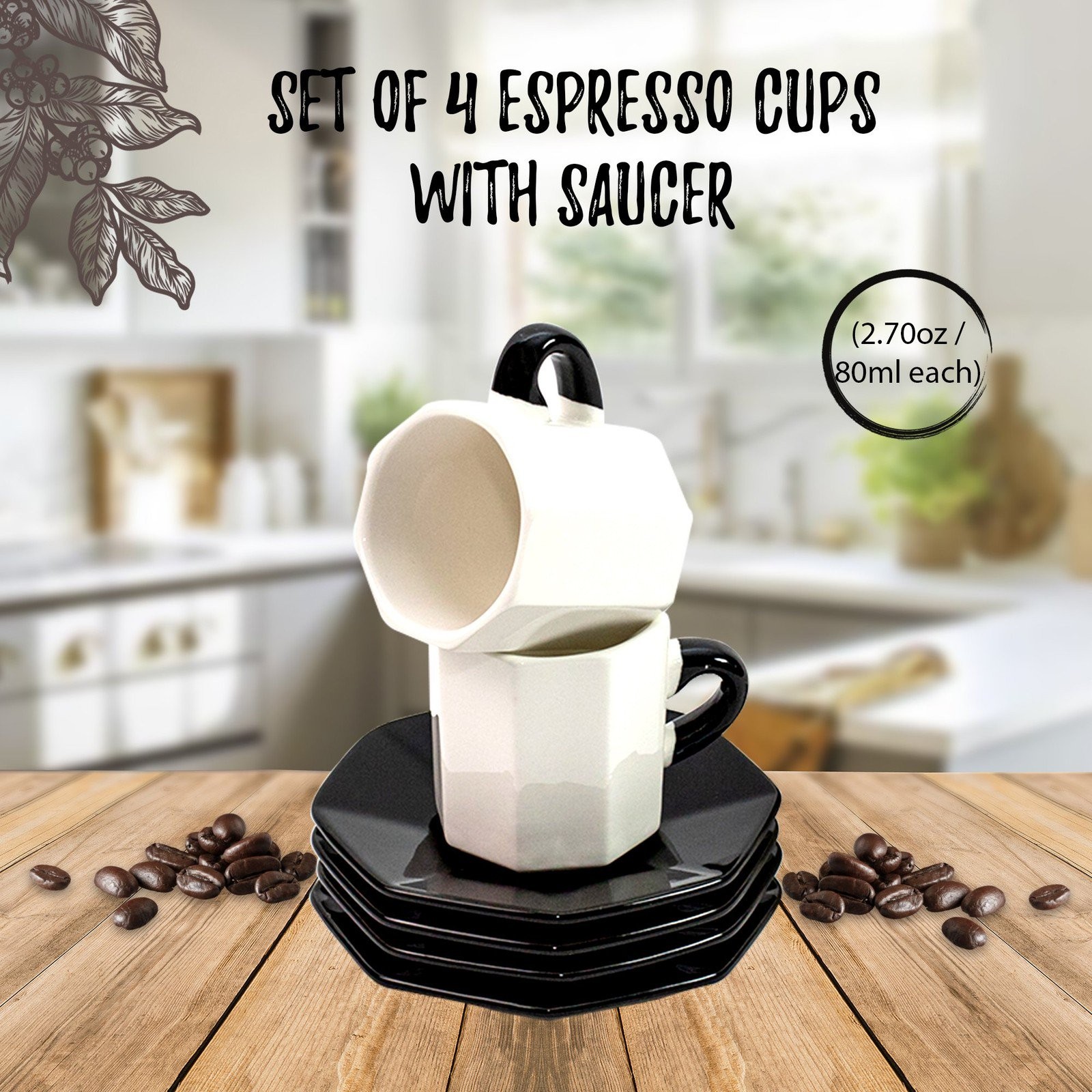 Bacimi Handcrafted Ceramic Octagon Espresso Cup W/ Saucers 2.70oz / 80ml 4 Pack
