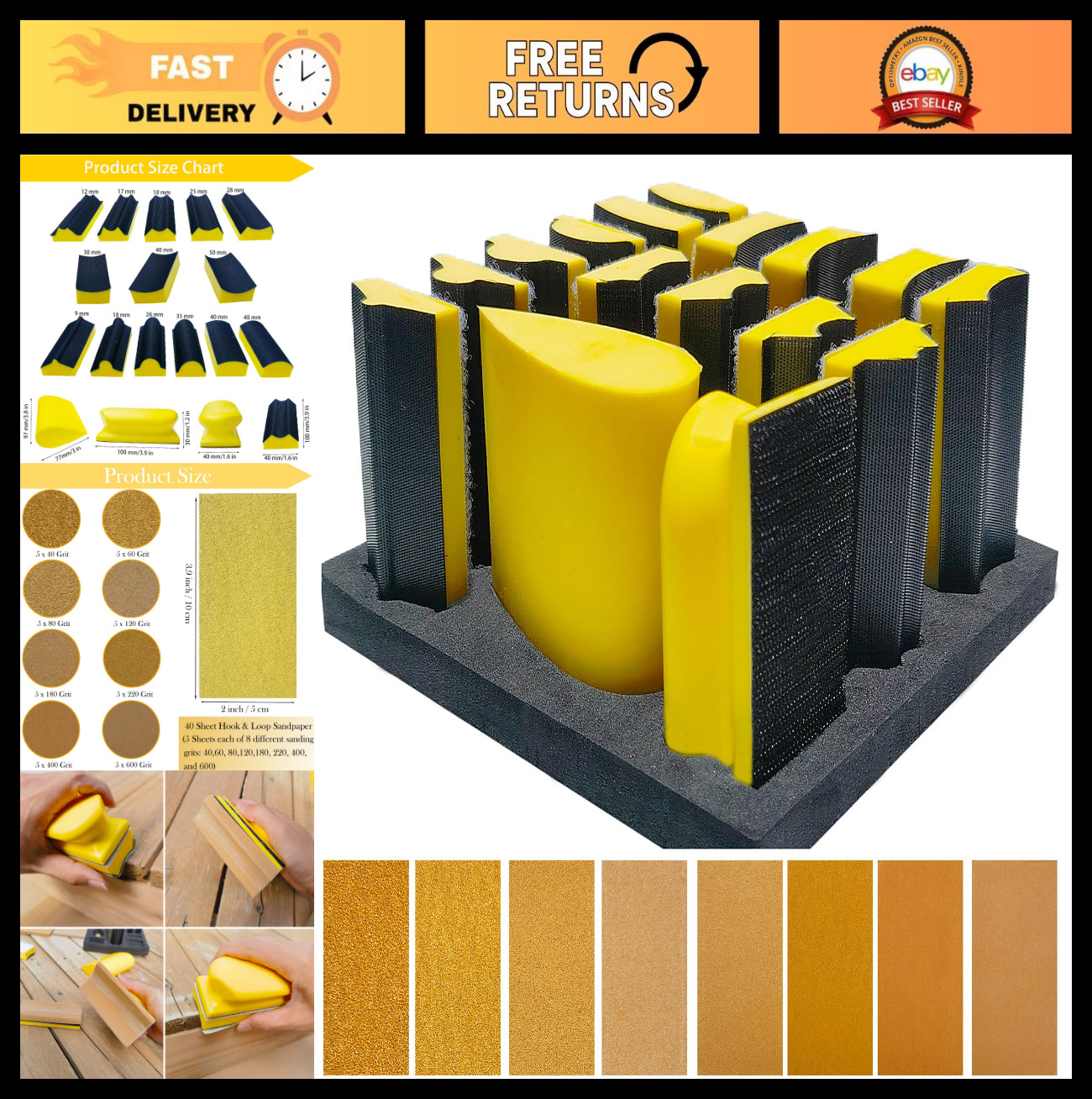56 PCS Hand Sander Kit – 16 Sanding Blocks + 40 Hook & Loop Sandpaper Sheets, As
