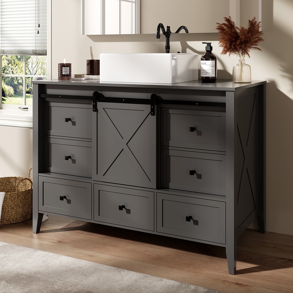 48″ Bathroom Vanity w/ Single Sink Ceramic Freestanding Storage Cabinet 7 Drawer