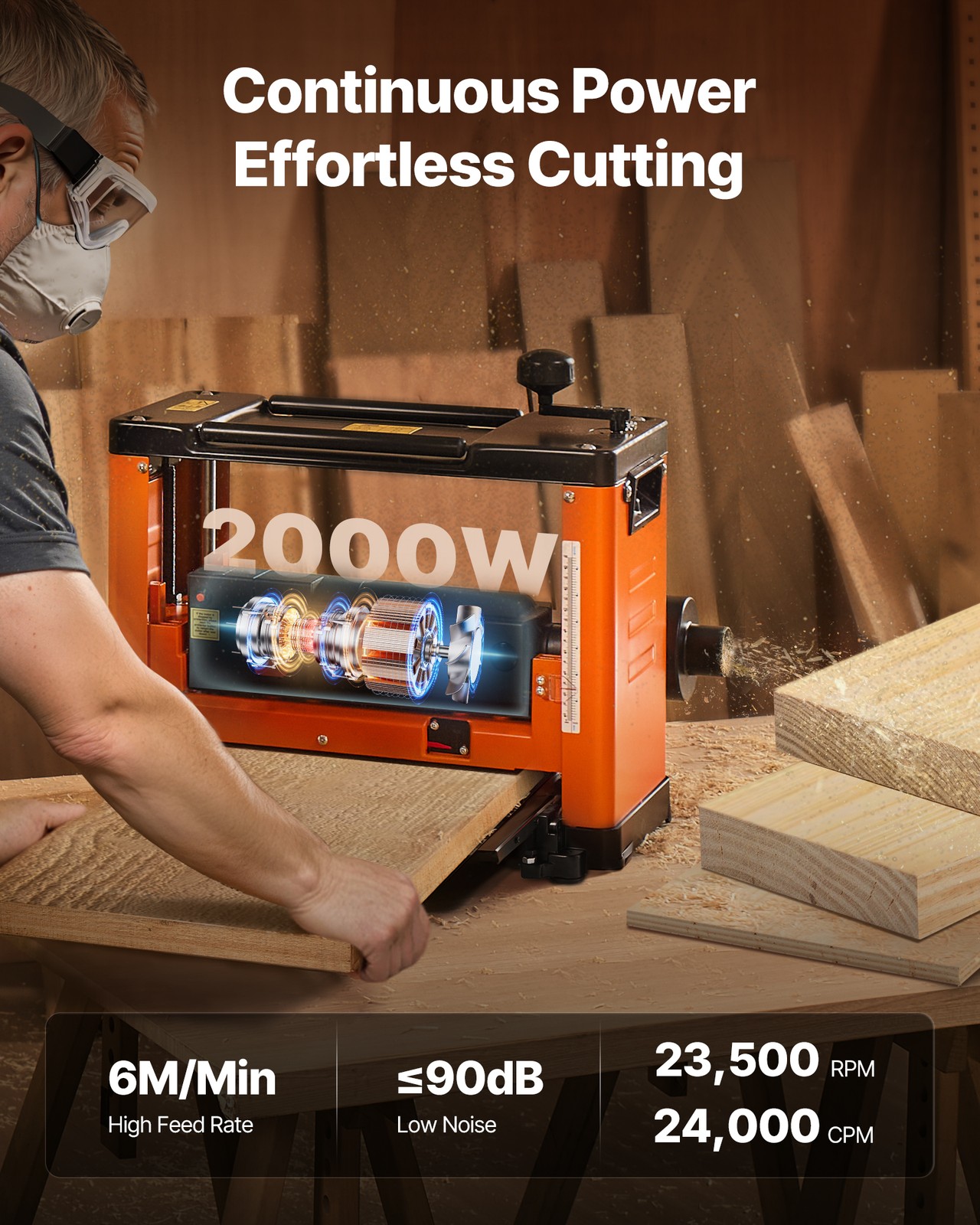 VEVOR Thickness Planer Three-Blade Power Benchtop Planer Woodworking 2000W 13 in