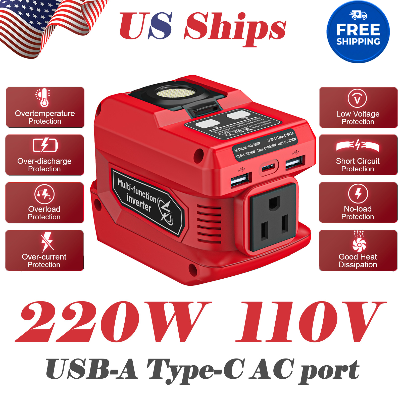 220W Power Inverter Compatible with Milwaukee 18V Battery, DC 18V to 110V AC