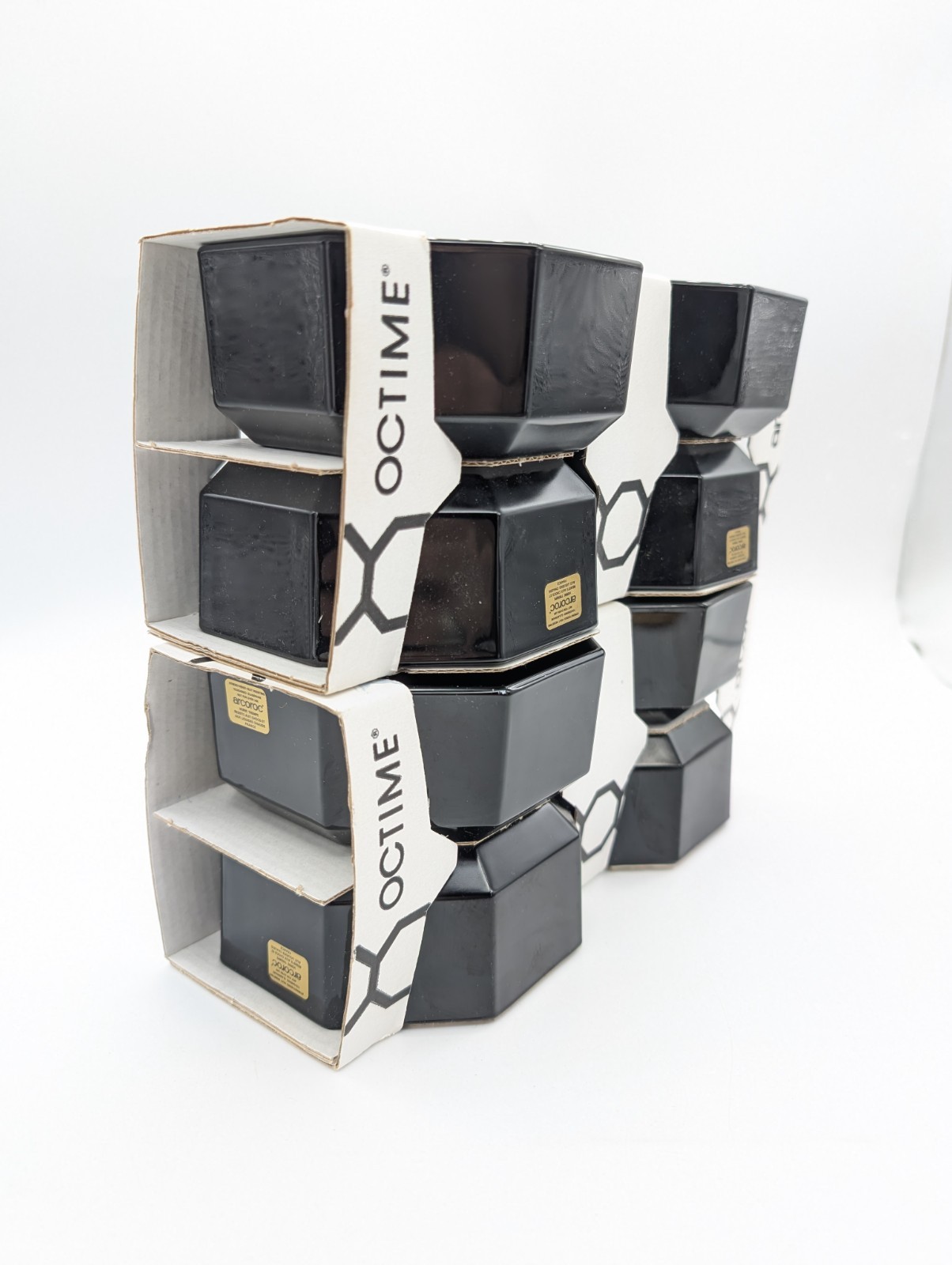 Vtg Arcoroc France Octime Black Glass Bowls Set of 8 NIB 1980s Retro Octagon