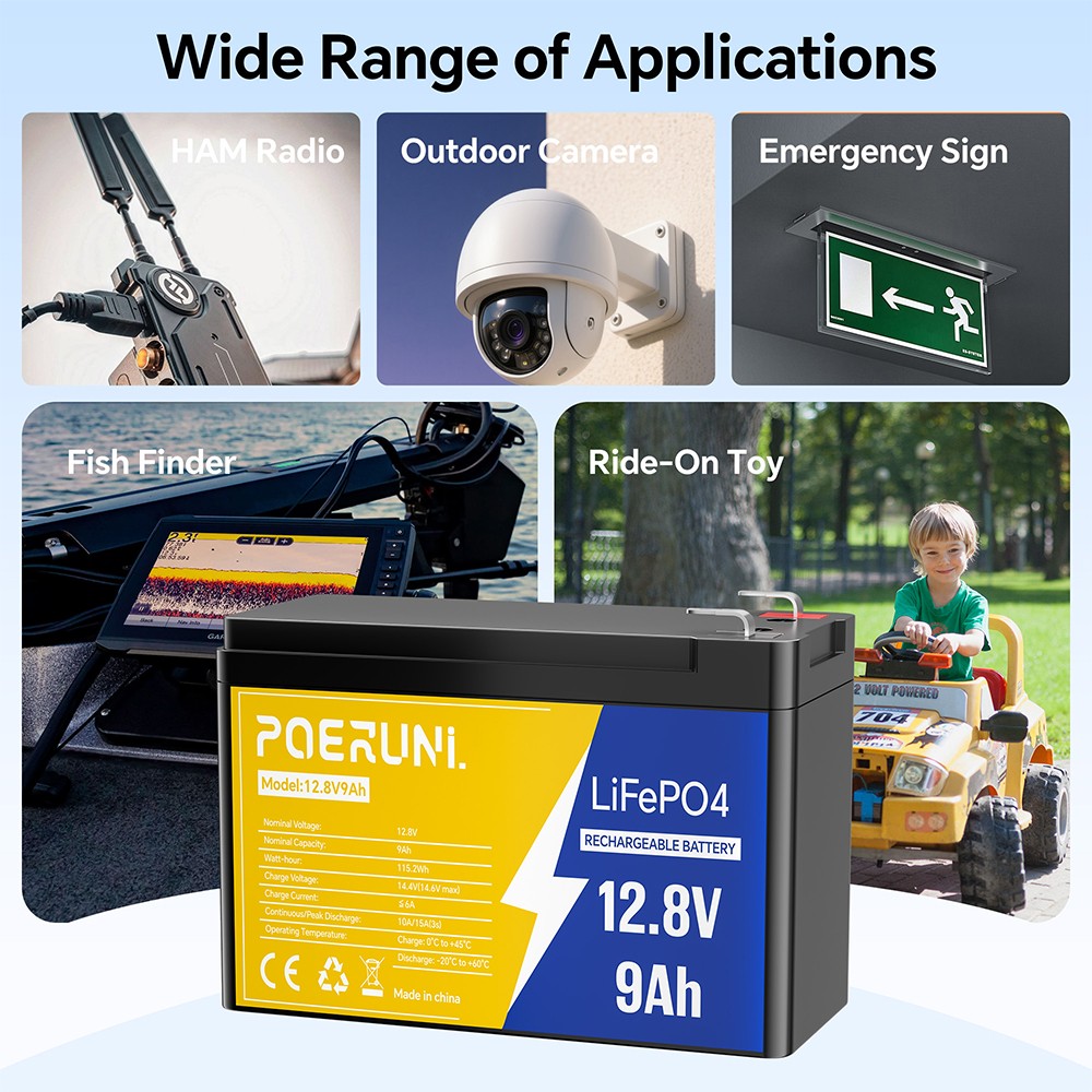 12V 9Ah LiFePO4 Lithium Battery Built-in BMS Deep 5000+ Cycle For Solar Power RV