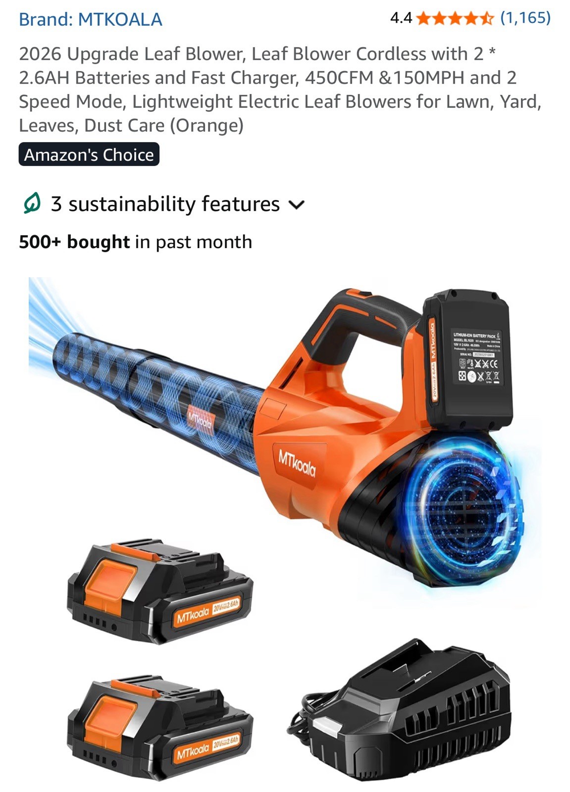 2026 Leaf Blower, Cordless with 2 * 2.6AH Batteries, Fast Charger, 450CFM 150MPH