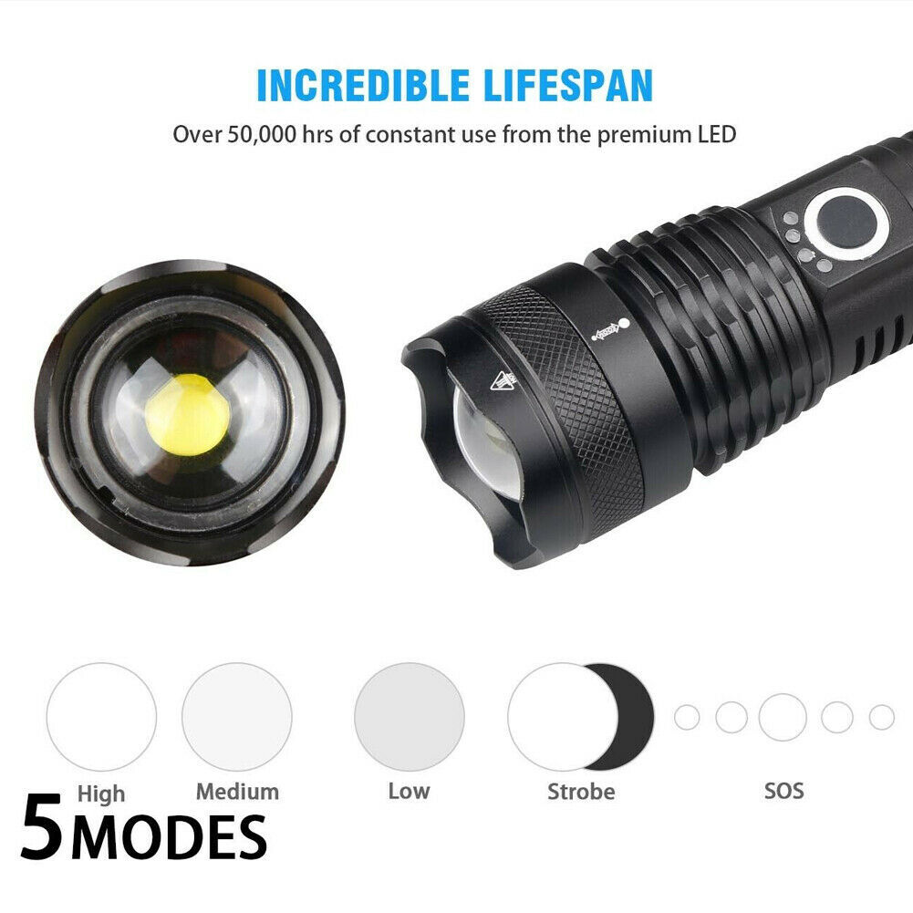 Rechargeable 990000LM LED Flashlight Tactical Police Super Bright Torch Zoomable