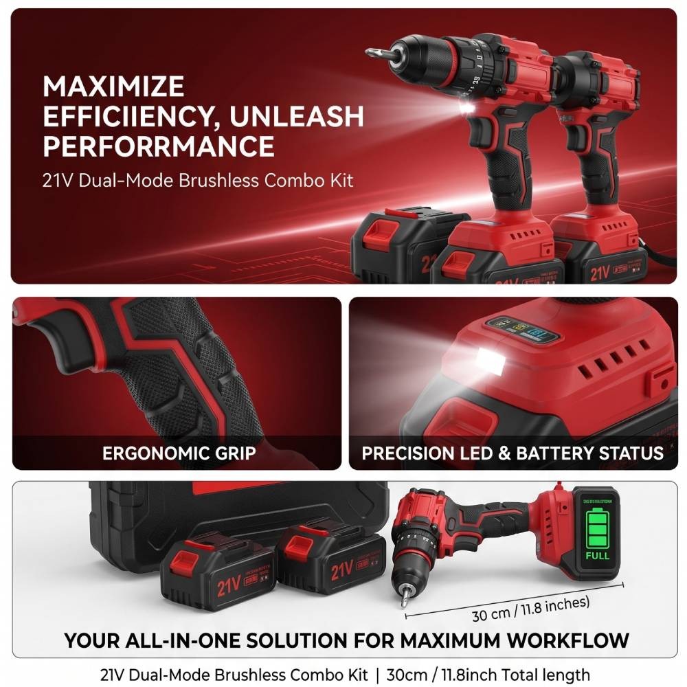 Cordless Impact Wrench and Impact Drill Set Dual 1.3Ah Batteries Speed Adjustabl